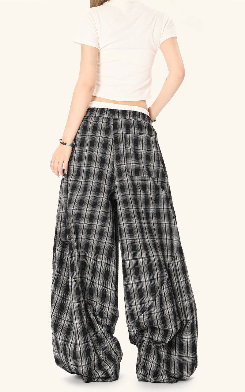 Omirad Plaid Barrel-Leg Pants | Wide-Leg Streetwear Trousers
