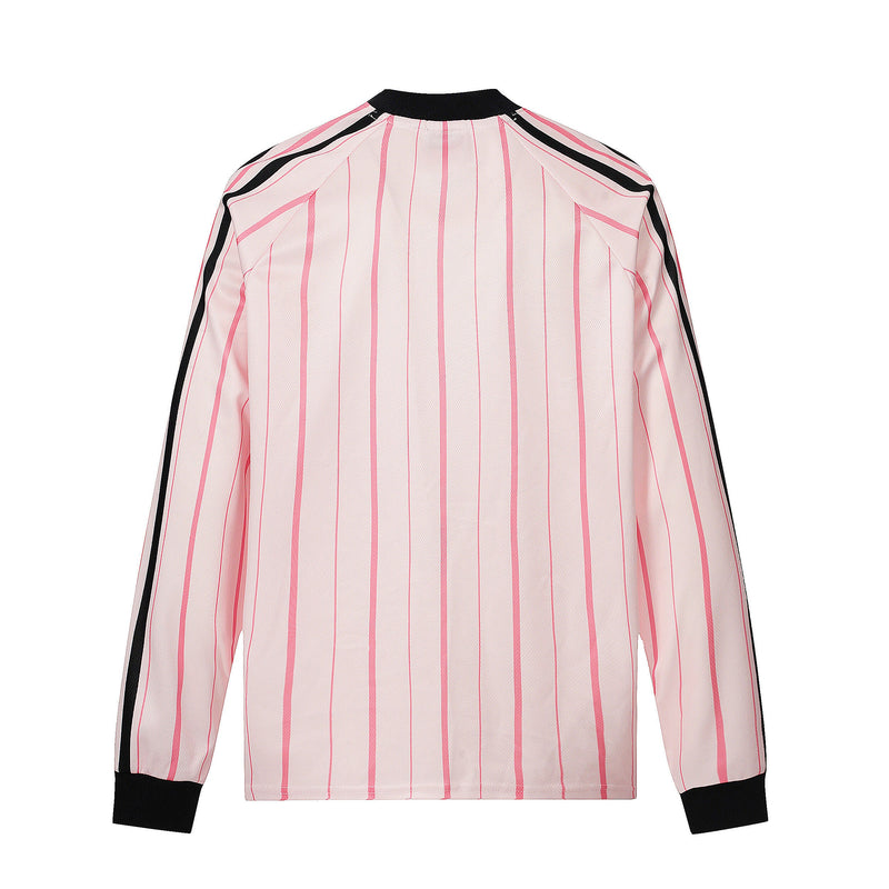 Back view of pink long-sleeve football jersey with black trim and vertical pinstripes