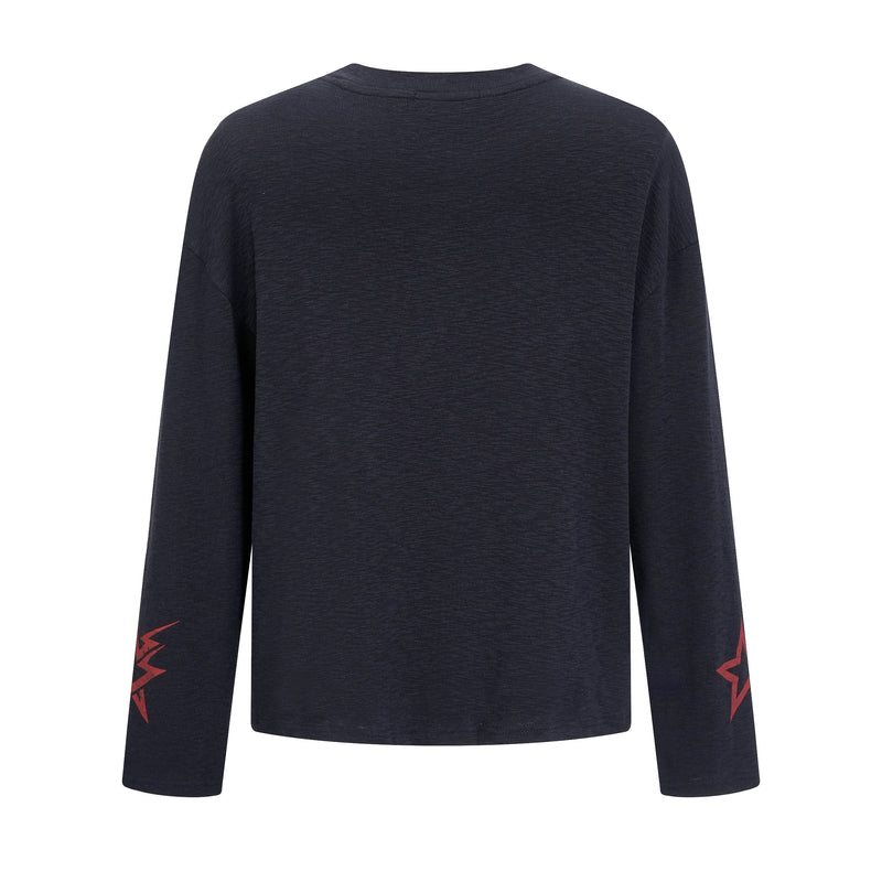 Back view of black long-sleeve tee with plain dark knit and red sleeve graphic