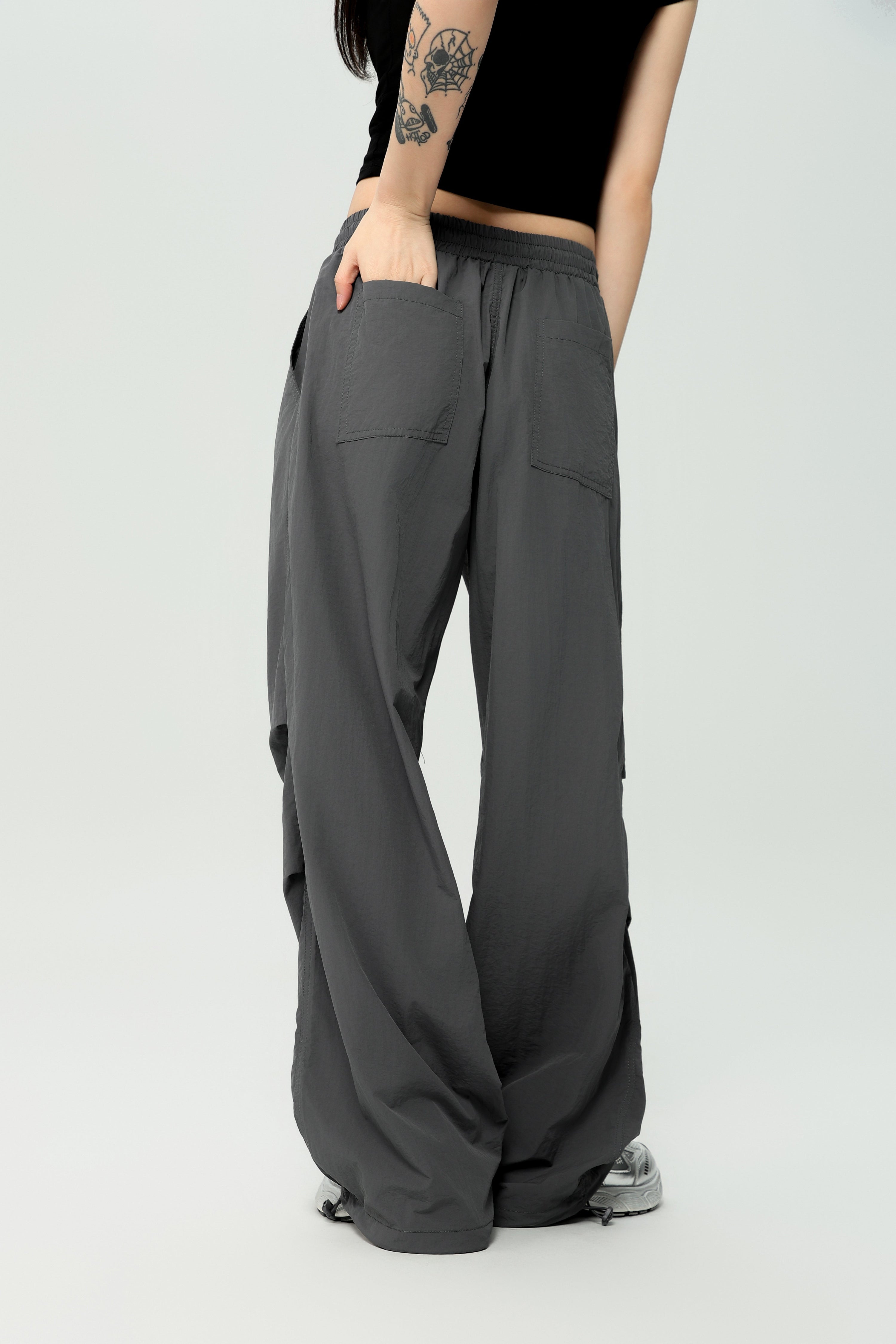 Lightweight Nylon Drawstring Parachute Pants | Wide Leg