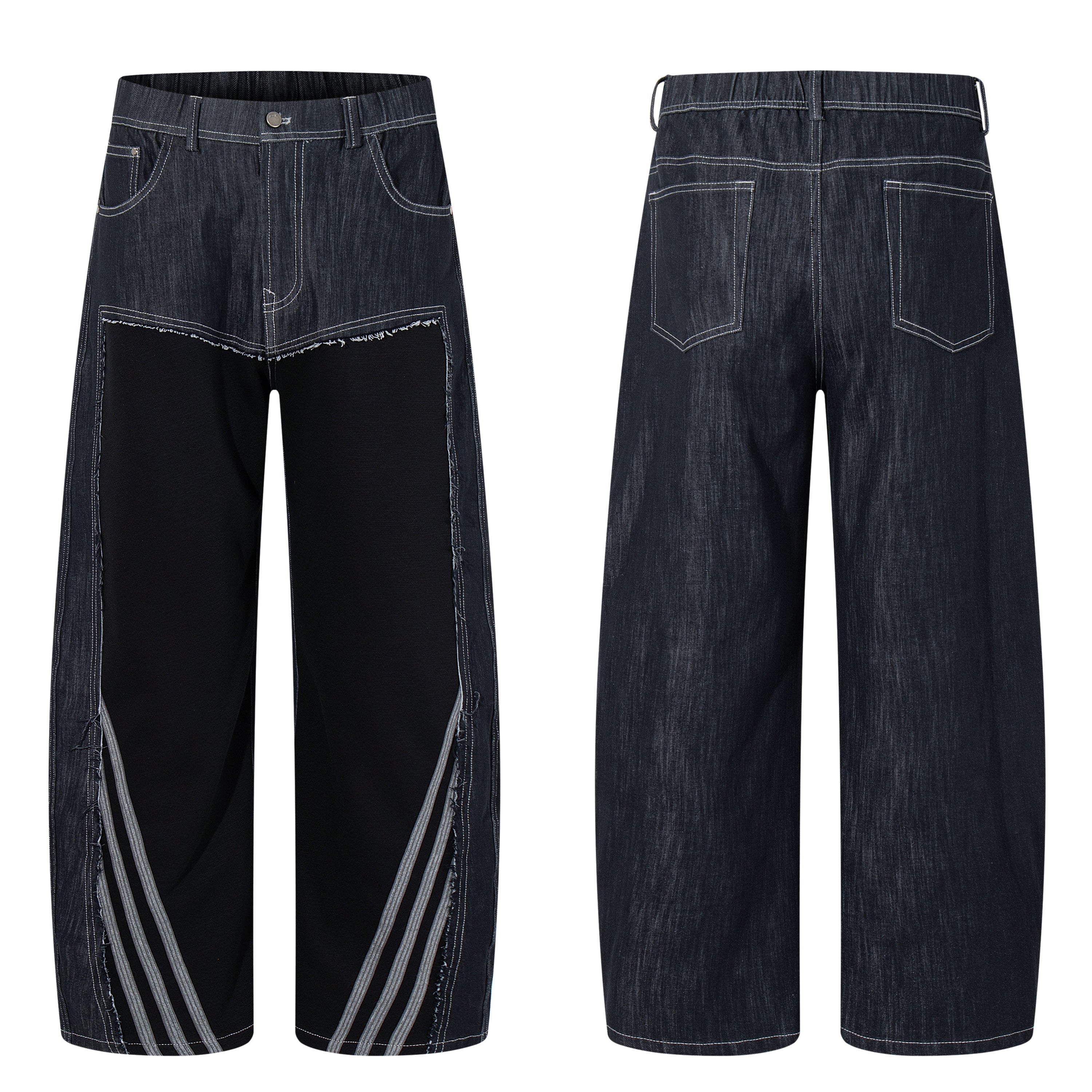 Front and back view of dark indigo wide-leg jeans with contrast jersey front panels, exposed seams, and striped lower-leg det