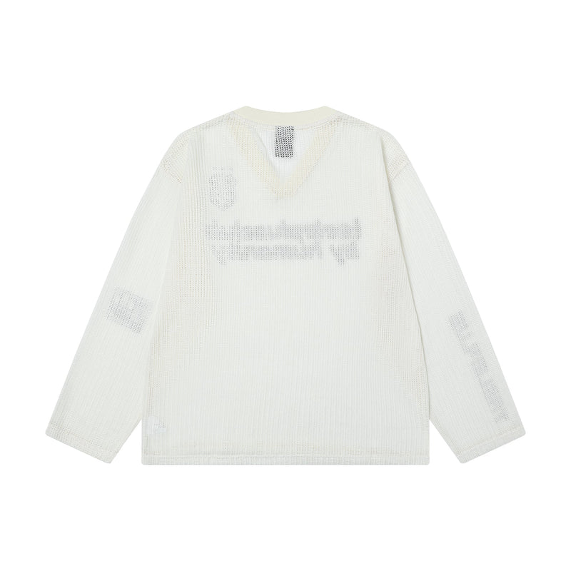 Back view of cream mesh long sleeve tee with plain textured finish