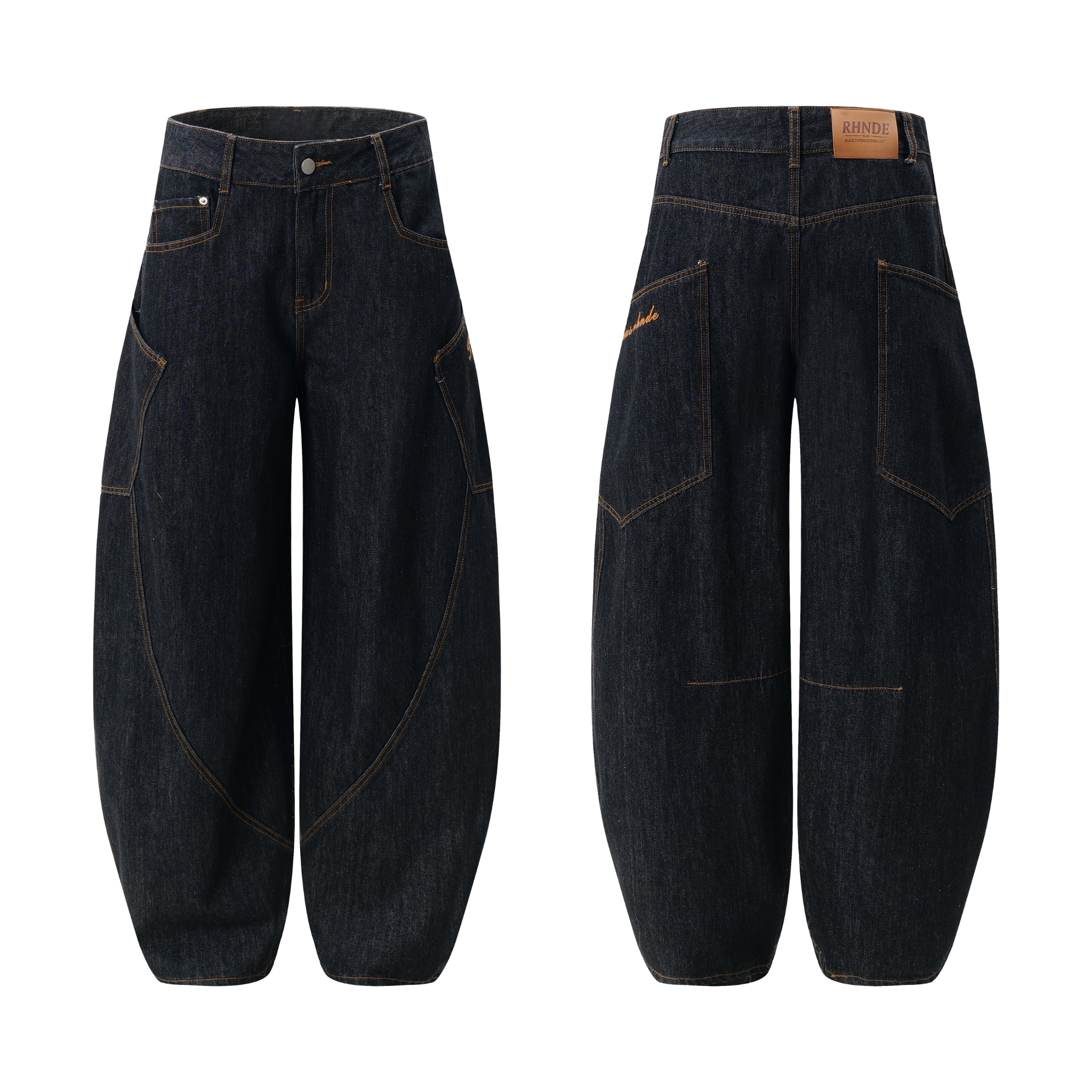 Front and back view of dark indigo curved balloon-leg jeans with contrast stitching and oversized back pockets