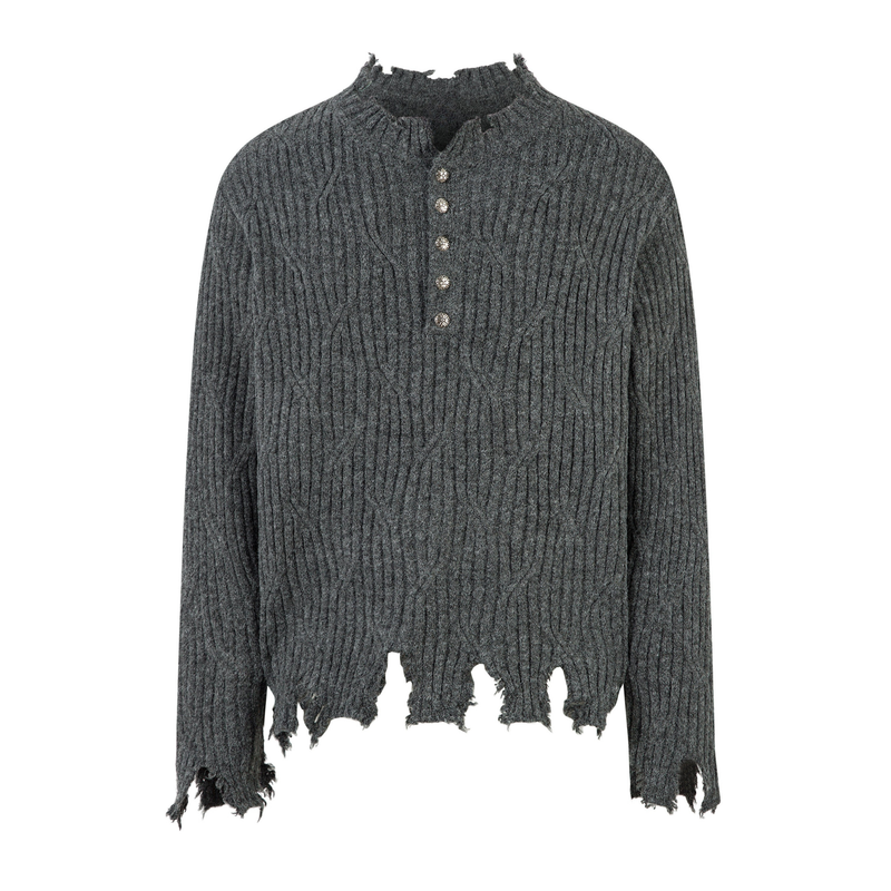 Charcoal gray distressed ribbed henley sweater with four decorative buttons, front view