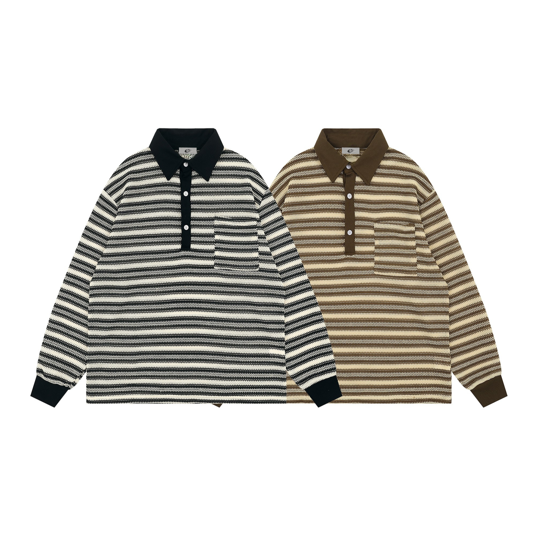 Black and cream textured stripe knit long-sleeve polo with contrast black collar and ribbed cuffs, laid flat on white backgro