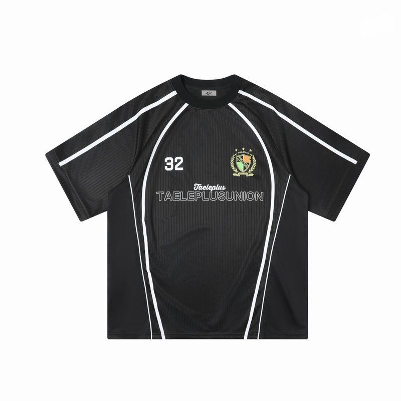 Black Taeleplus Union 32 soccer jersey tee with white piping and crest logo on the chest