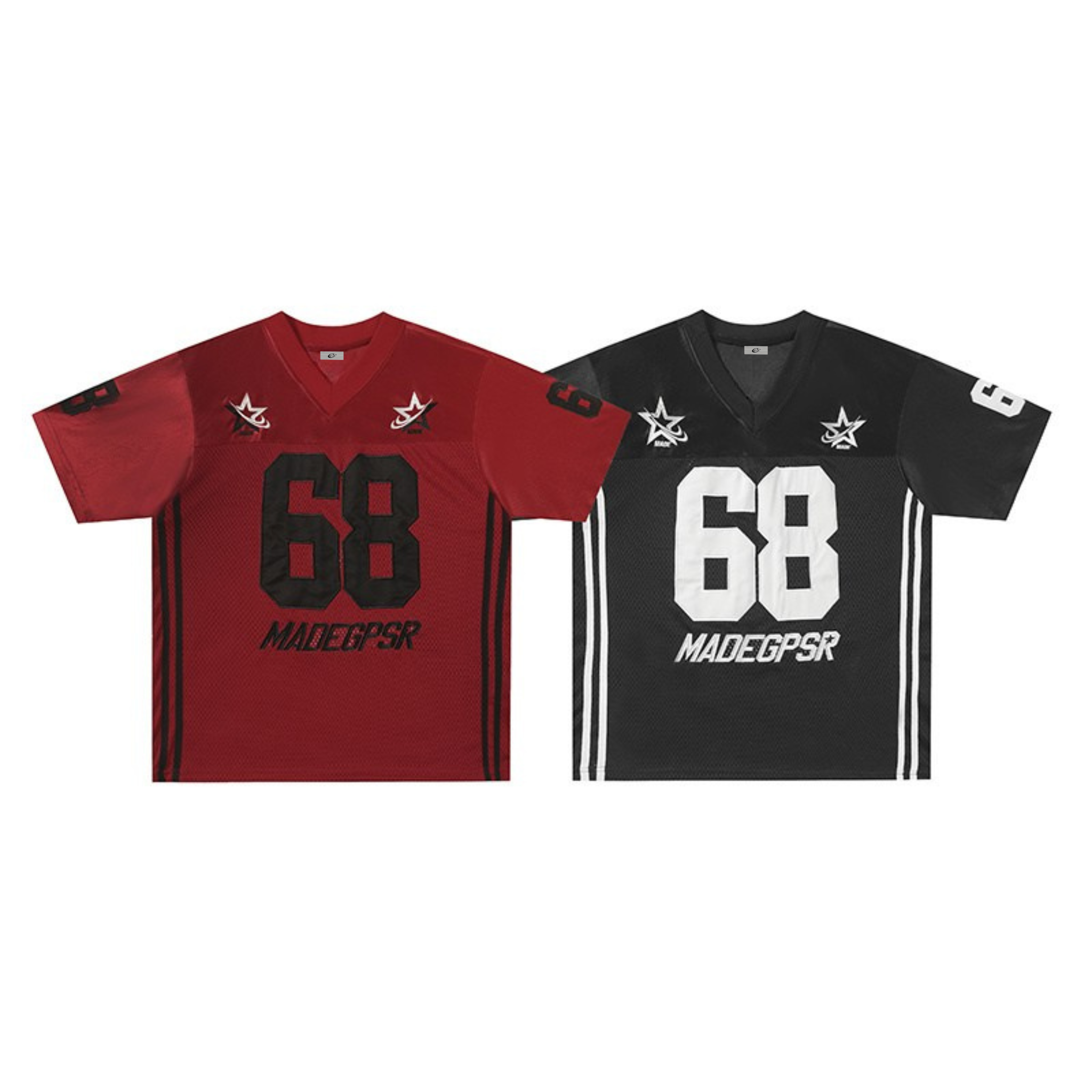 Red and black MADEGPSR #68 varsity football jerseys with star shoulder patches and contrast side stripes
