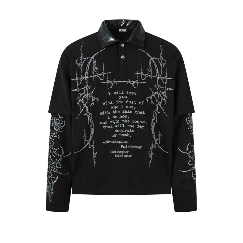 Black layered long sleeve polo shirt with gray barbed graphic and poem text on the front