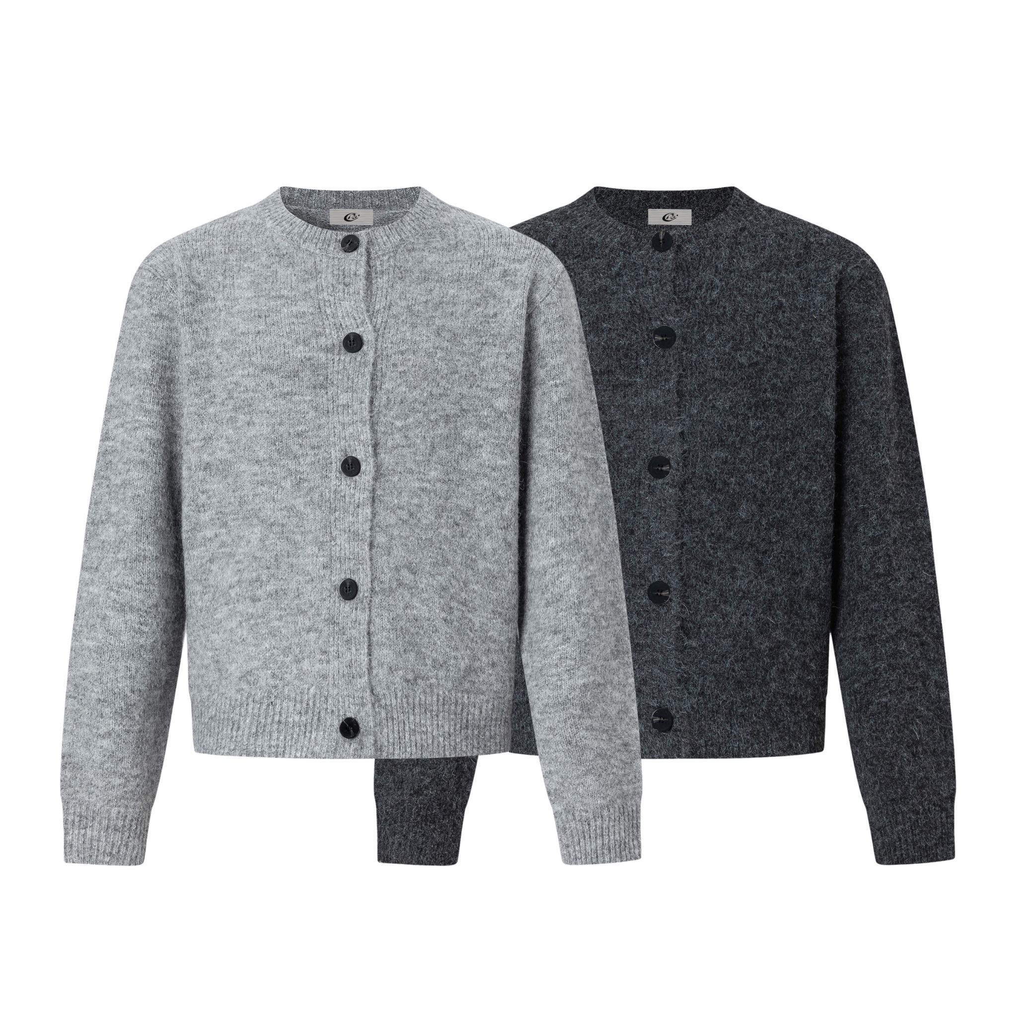 Light grey and charcoal wool blend knit cardigans with crew neck and dark oversized buttons, displayed flat on white backgrou