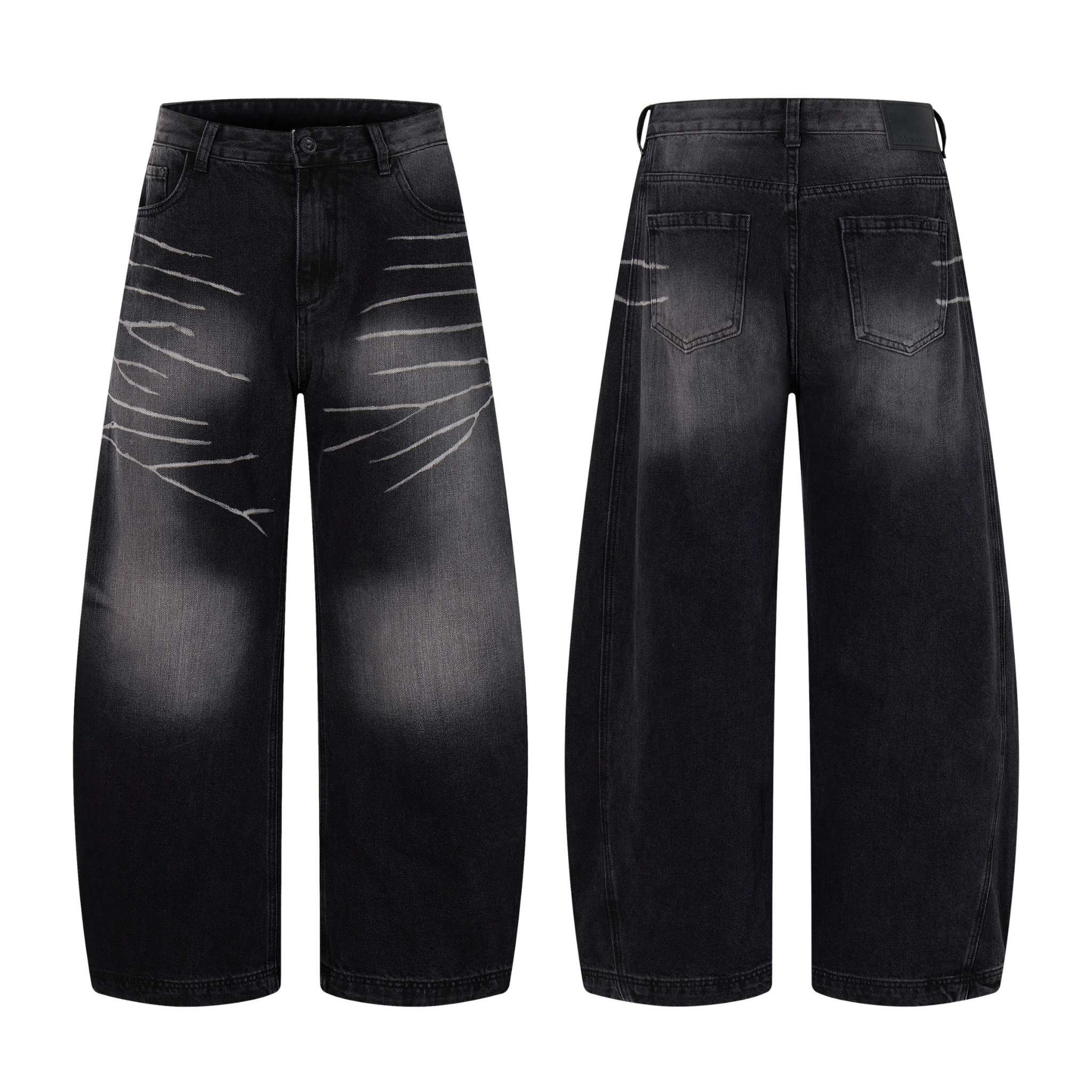 Front and back view of washed black wide-leg jeans with claw-like scratch whisker details on the thighs