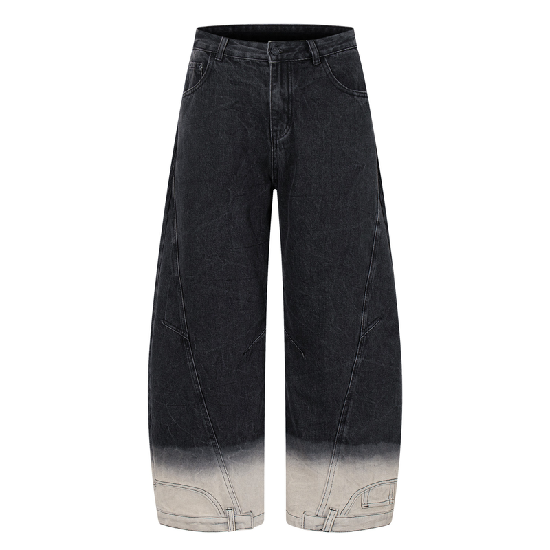 Front view of black wide-leg denim jeans with curved panel seams and light washed hems