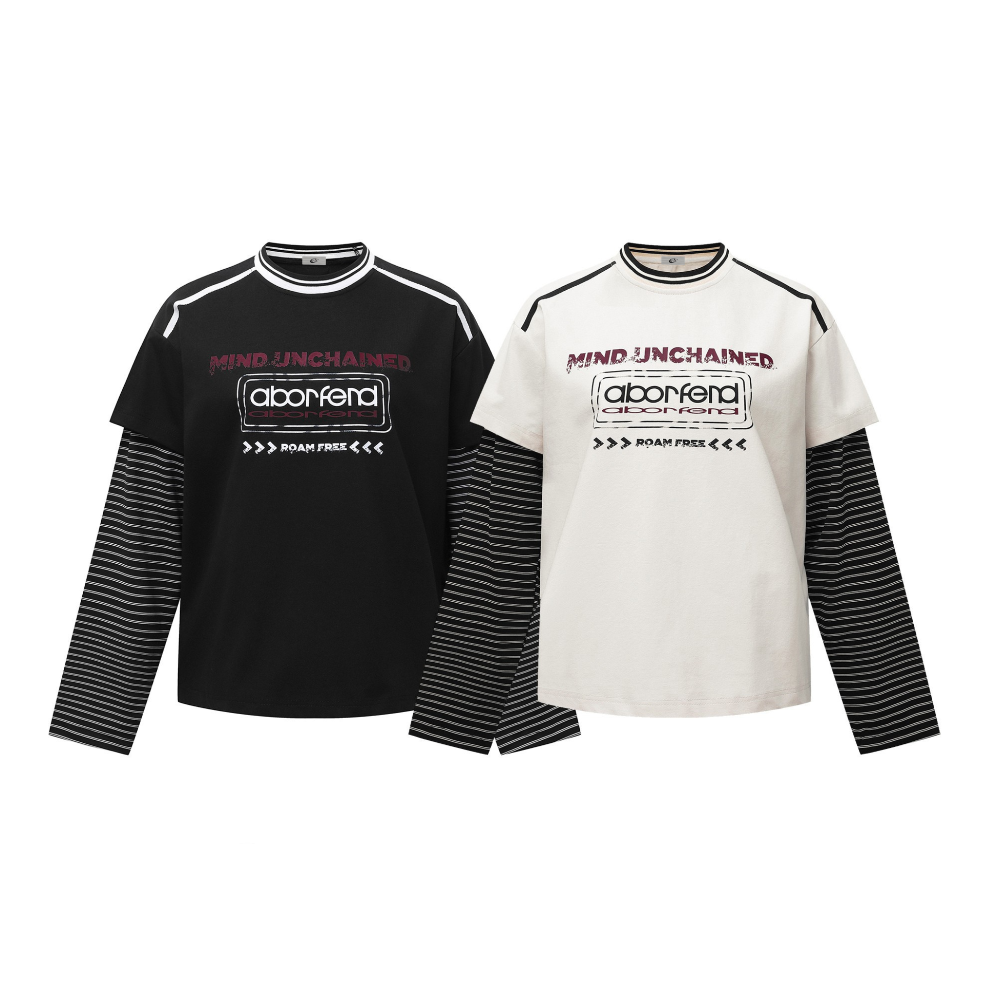 Black double-sleeve layered long tee with striped under-sleeves and Mind Unchained graphic print on chest