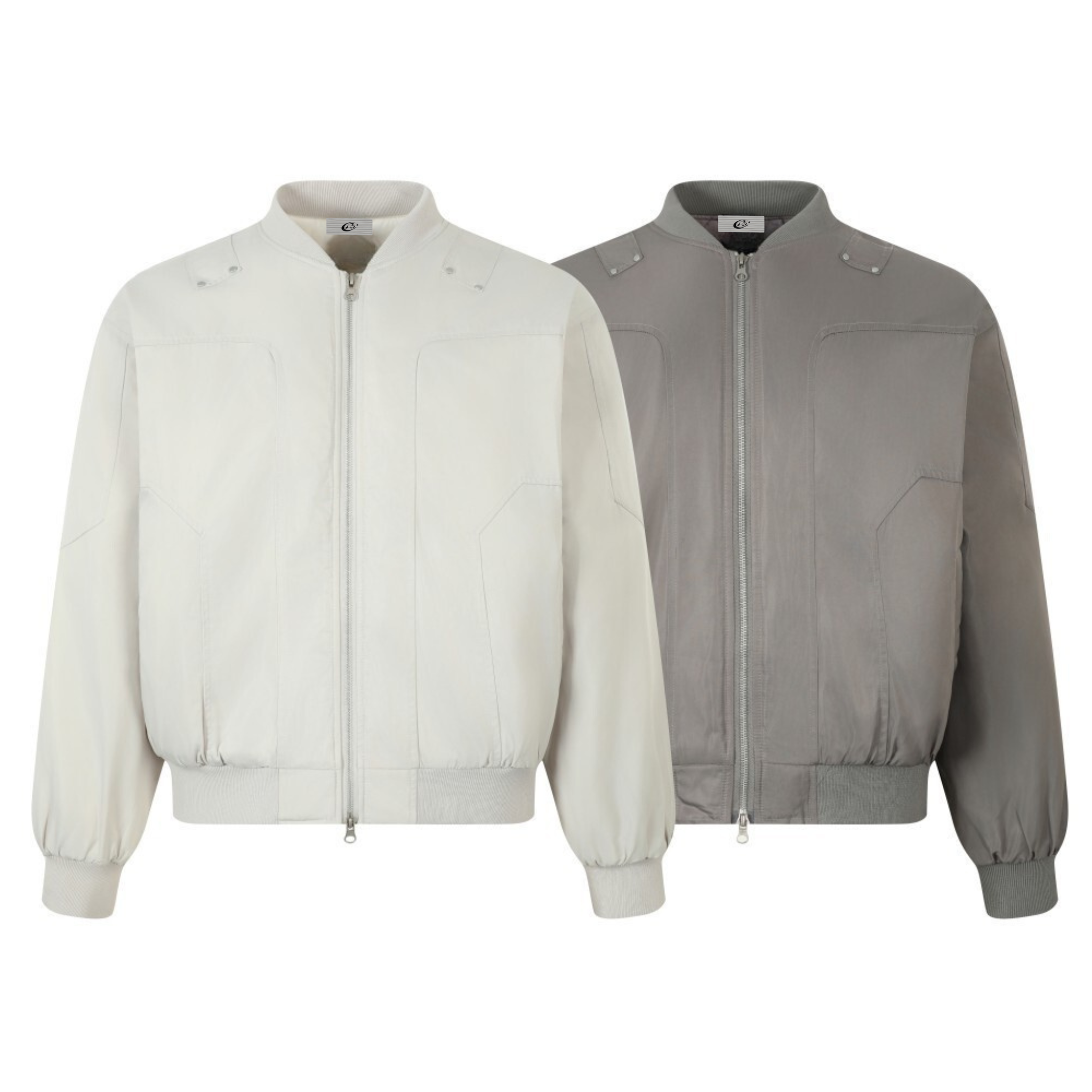 Omirad Minimal Flight Bomber Jacket in off-white and grey, shown side by side with structured panel seams and metal rivet sho