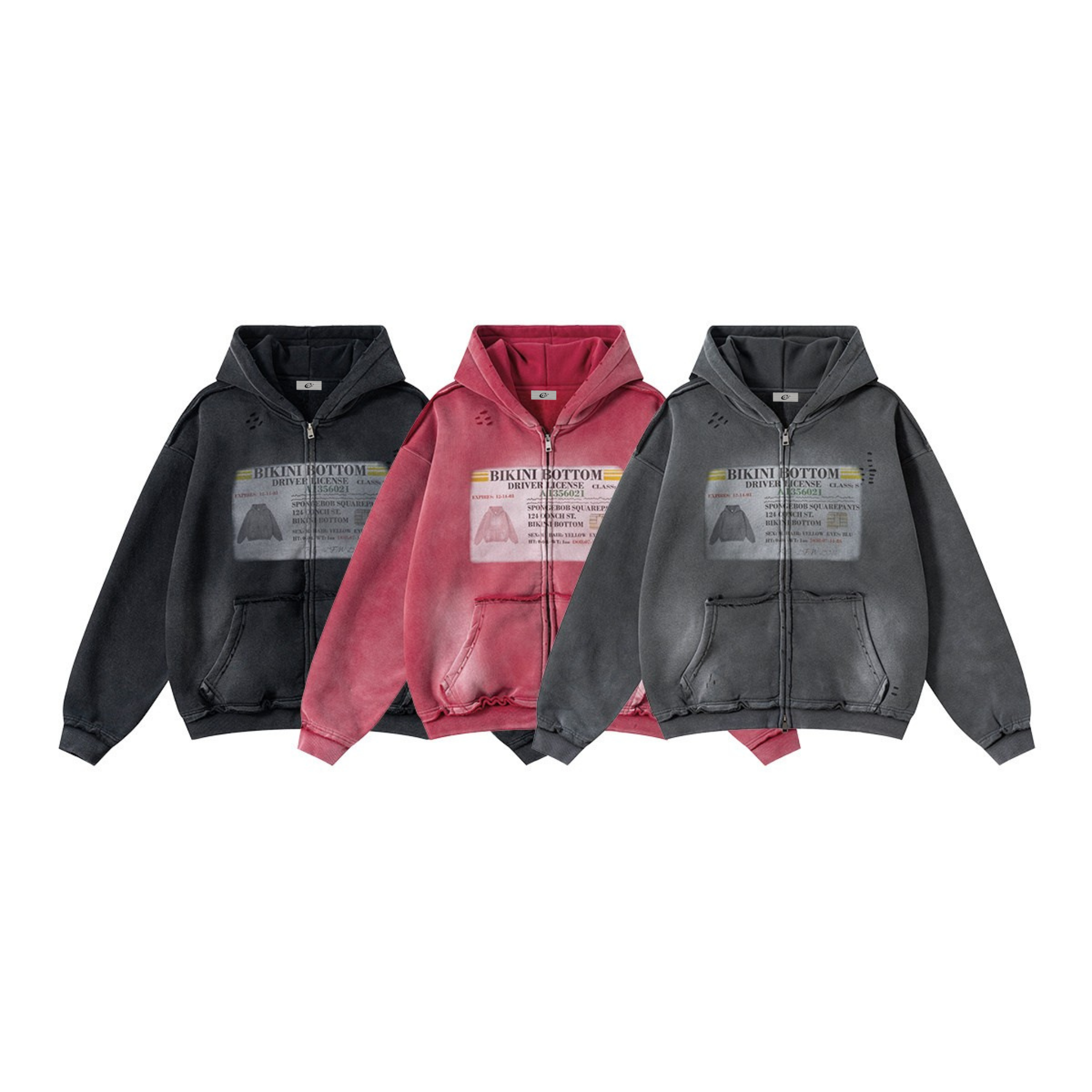 Washed black oversized zip hoodie with distressed Bikini Bottom Driver License graphic print on chest
