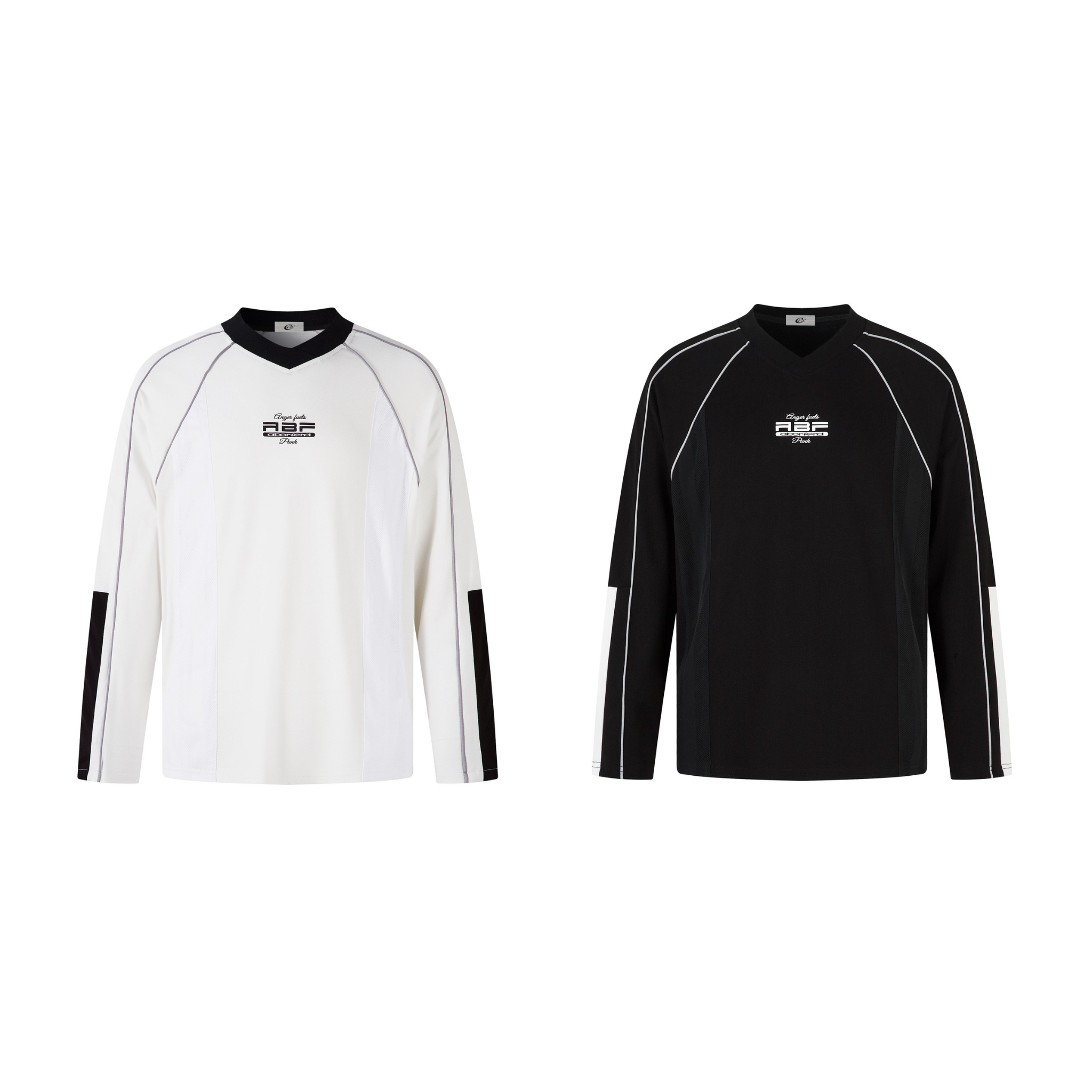 ABF contrast panel long-sleeve top in off-white and black with raglan sleeves and V-neckline, shown side by side