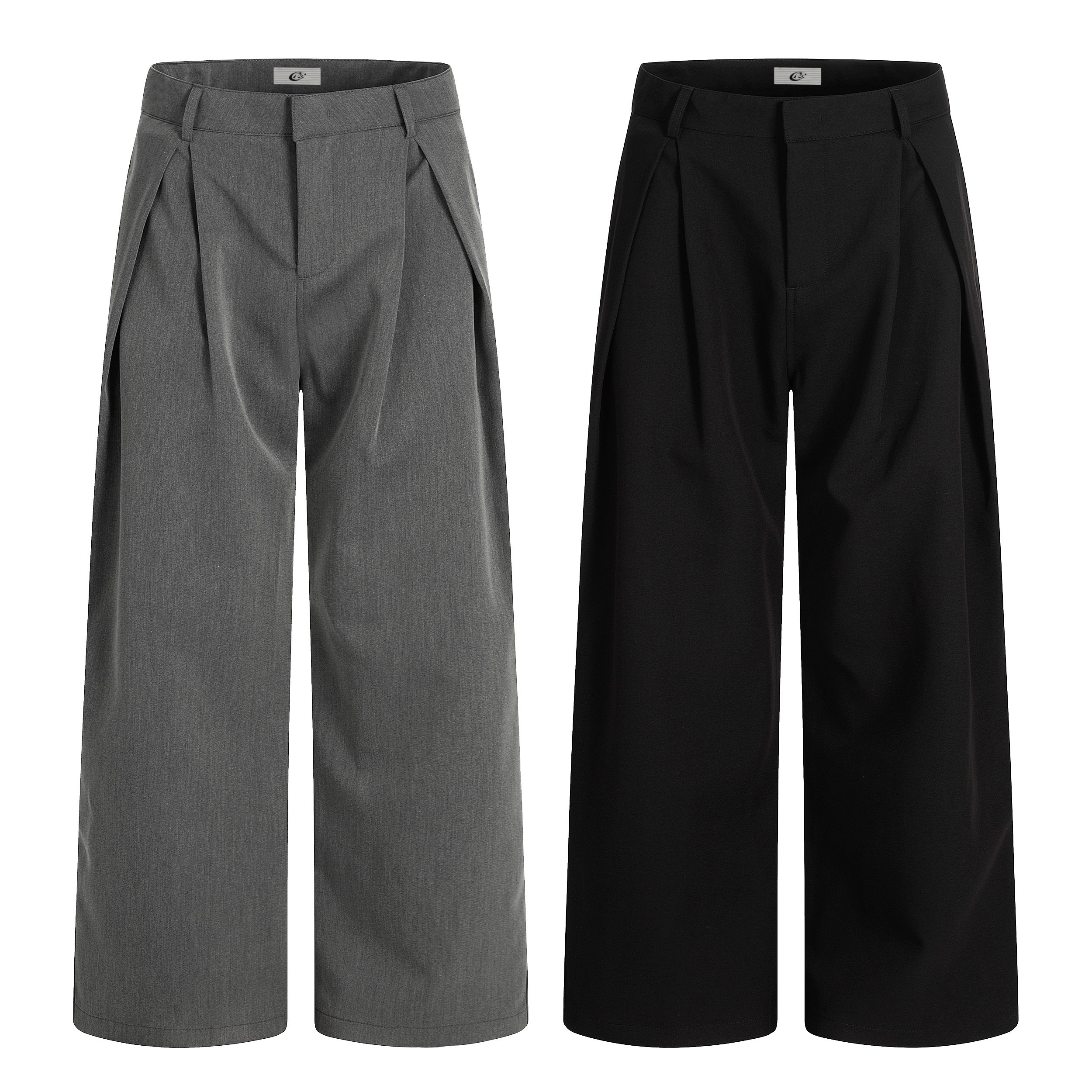 Omirad pleated wide-leg trousers in grey and black, front view showing structured drape and wide-leg silhouette
