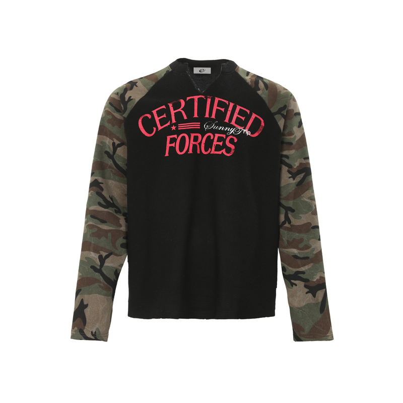Black thermal raglan long-sleeve tee with camouflage sleeves and red Certified Forces graphic, front view