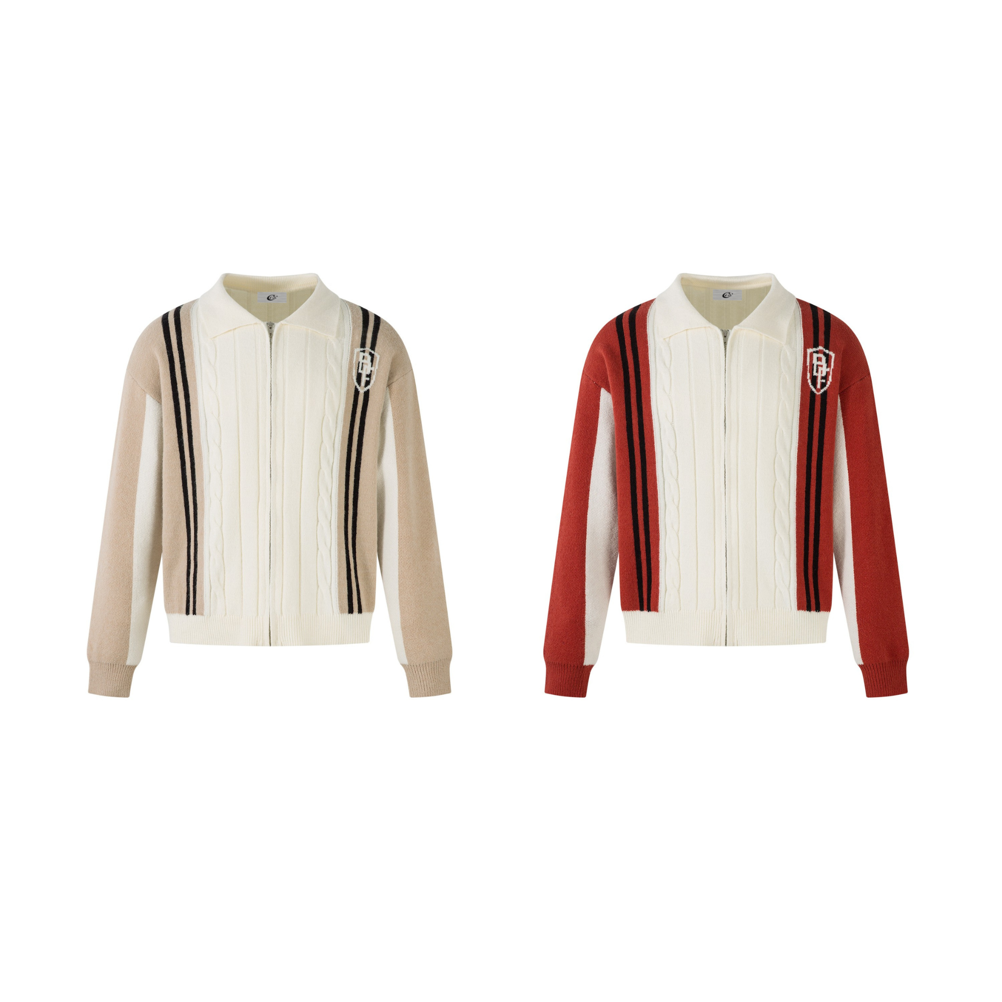 Cream and tan cable-knit zip jacket with vertical black stripes, color block sleeves, and embroidered varsity logo patch on c