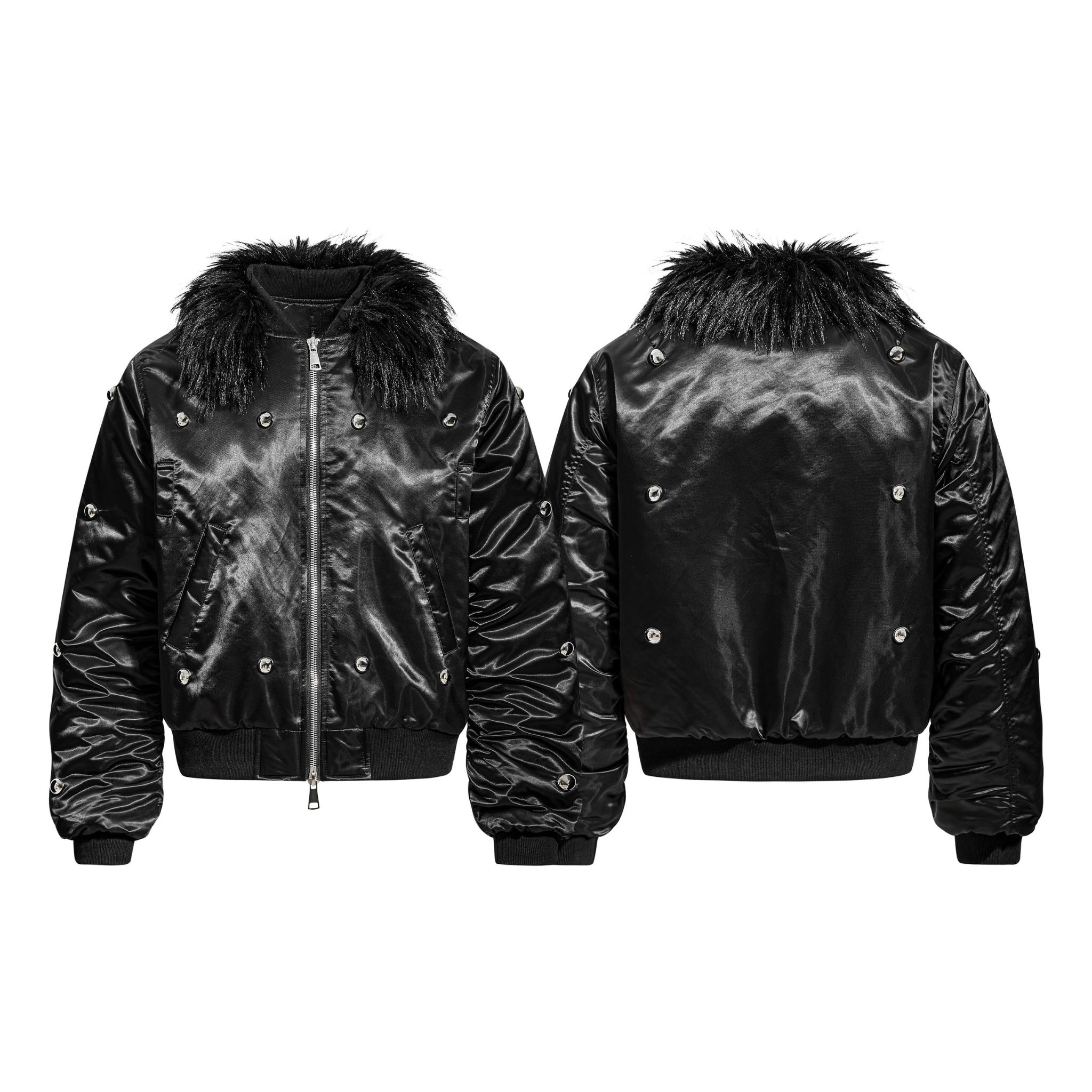 Black glossy nylon bomber jacket with detachable faux fur collar and silver metal stud accents, shown front and back
