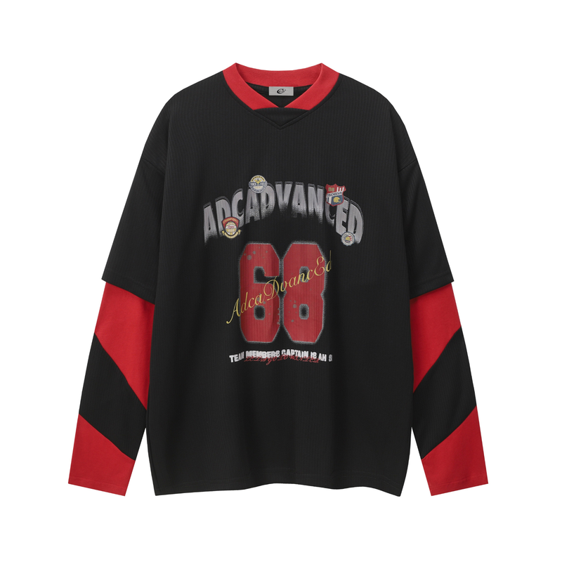 Black oversized mesh hockey jersey with red collar, sleeves, and front graphic with number 68