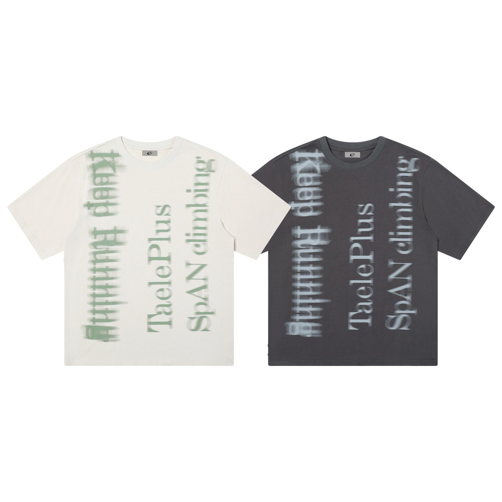 Oversized spray-print graphic tees in off-white and washed charcoal with vertical airbrushed letter design