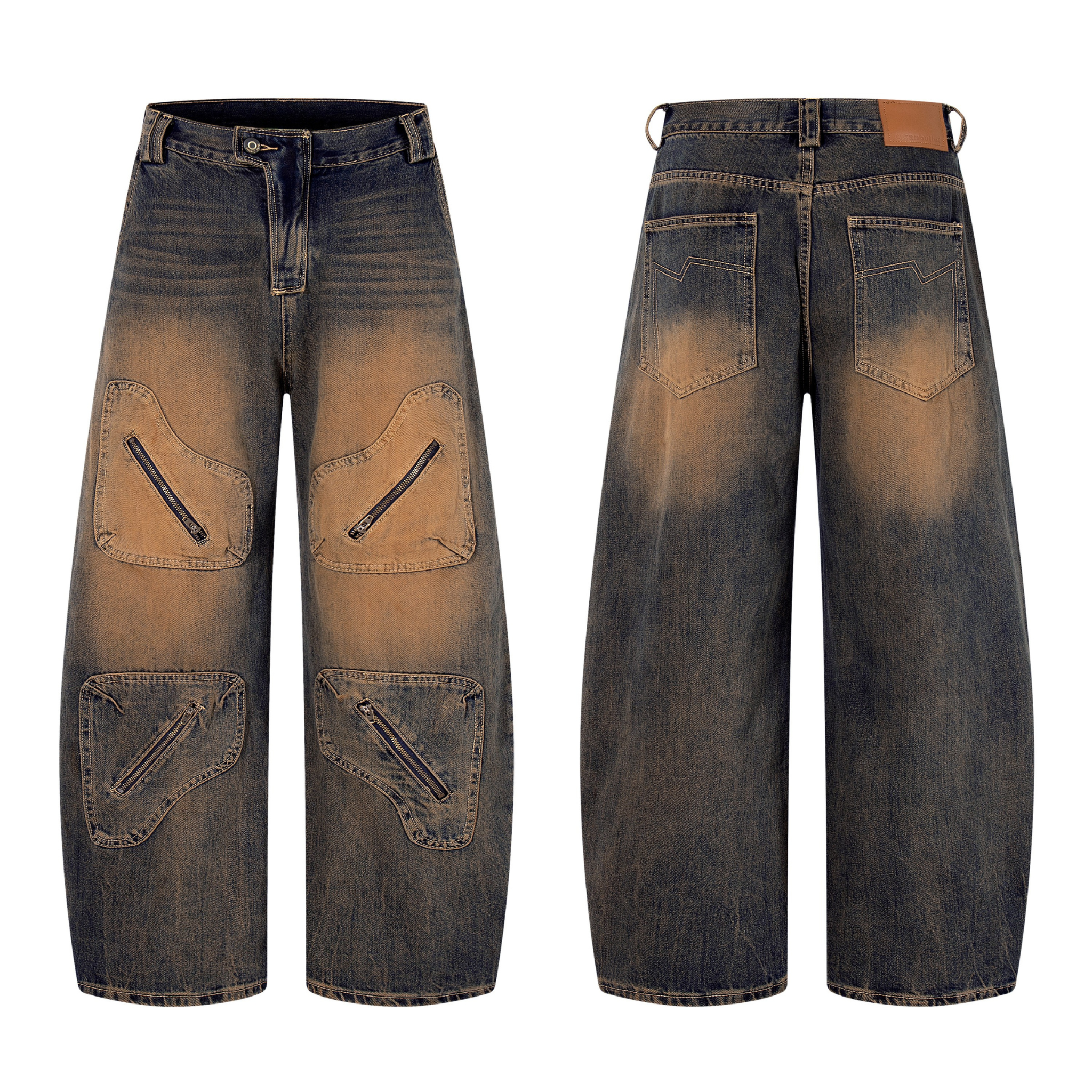Front and back view of sand-fade wide-leg jeans with asymmetrical zip utility pockets and vintage gradient wash