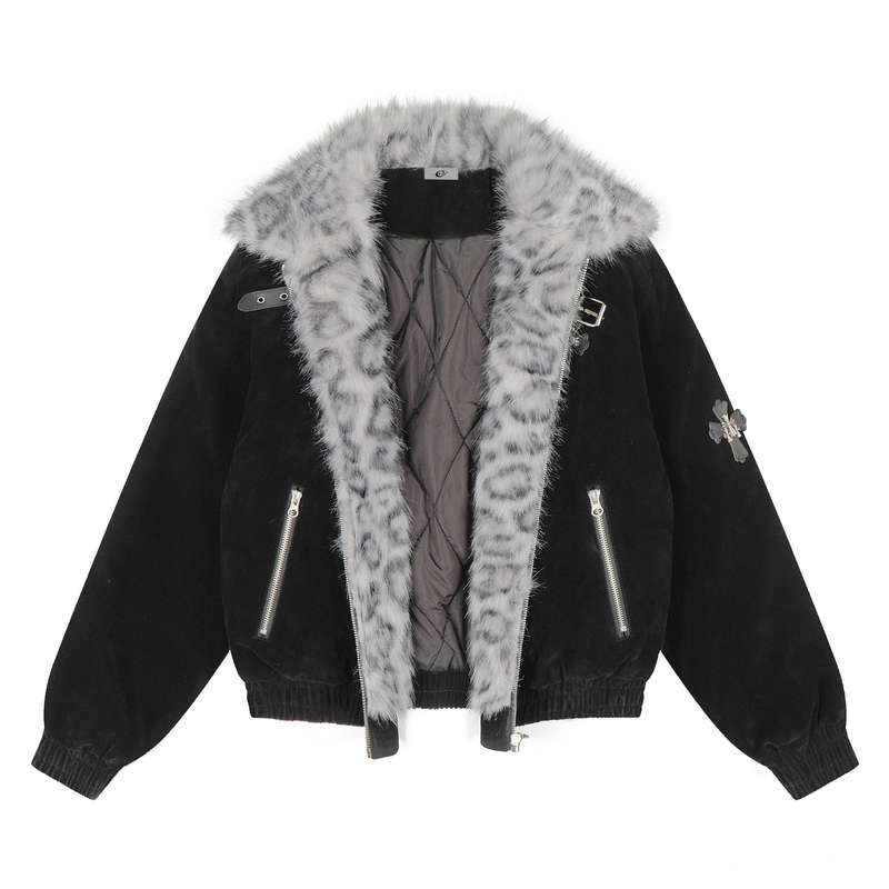 Faux Fur Collar Suede-Texture Bomber Jacket | Omirad