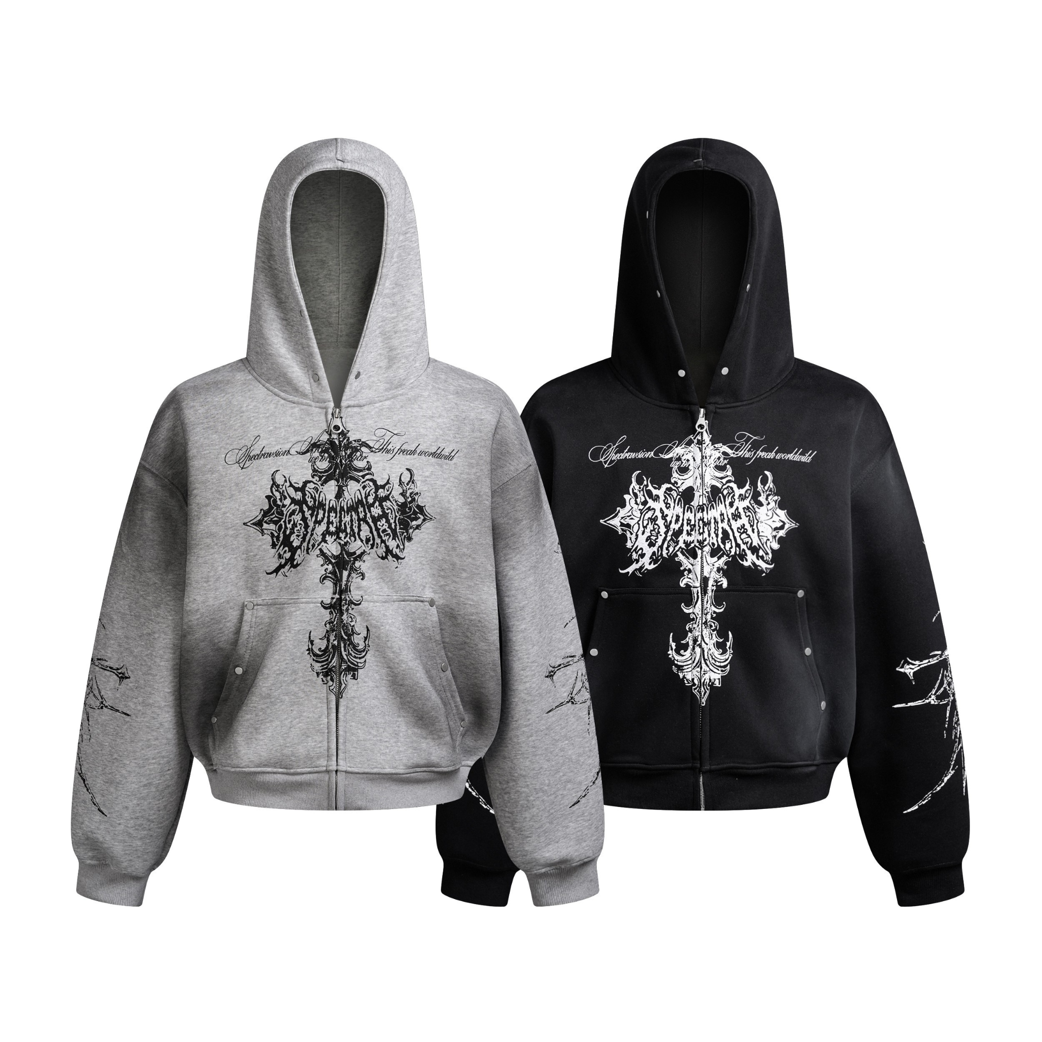 Heather grey and black gothic cross zip hoodies with ornate chest graphic and sleeve artwork, displayed front-facing on white