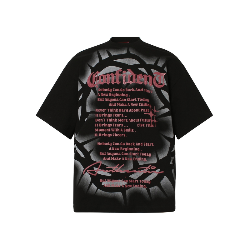 Black gothic T-shirt with pink typography and crown of thorns graphic on the back, featuring an inspirational quote design