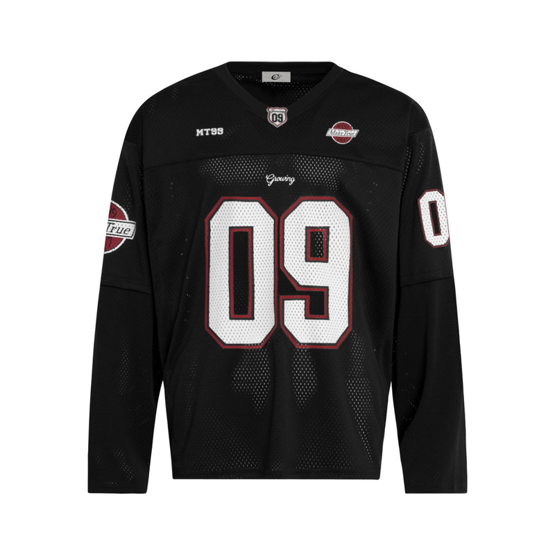 Black mesh hockey jersey front with white 09 number and red trim