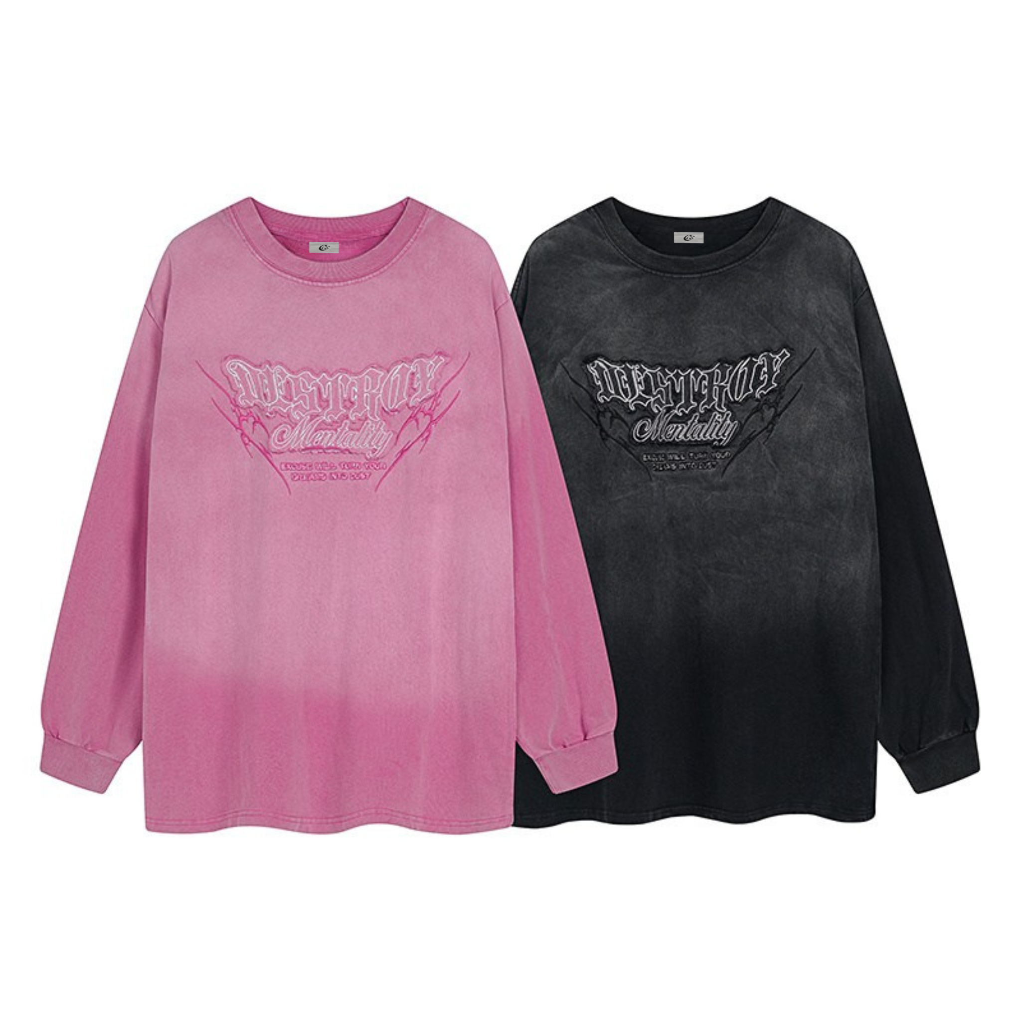 Pink and charcoal washed long sleeve tees with Destroy Mentality gothic graphic print and lightning bolt design