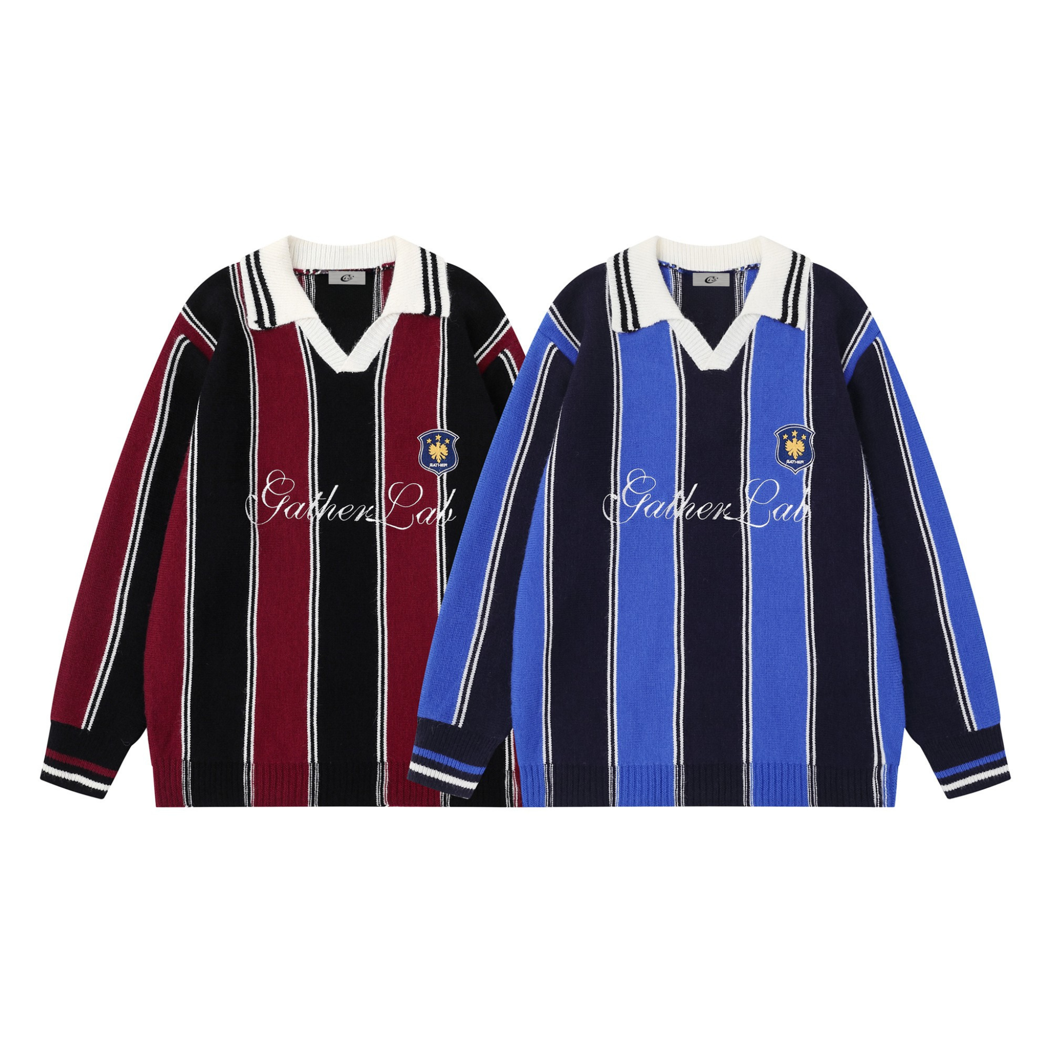 Black and burgundy vertical stripe knit sweater with white V-neck collar, embroidered crest badge, and script logo on chest