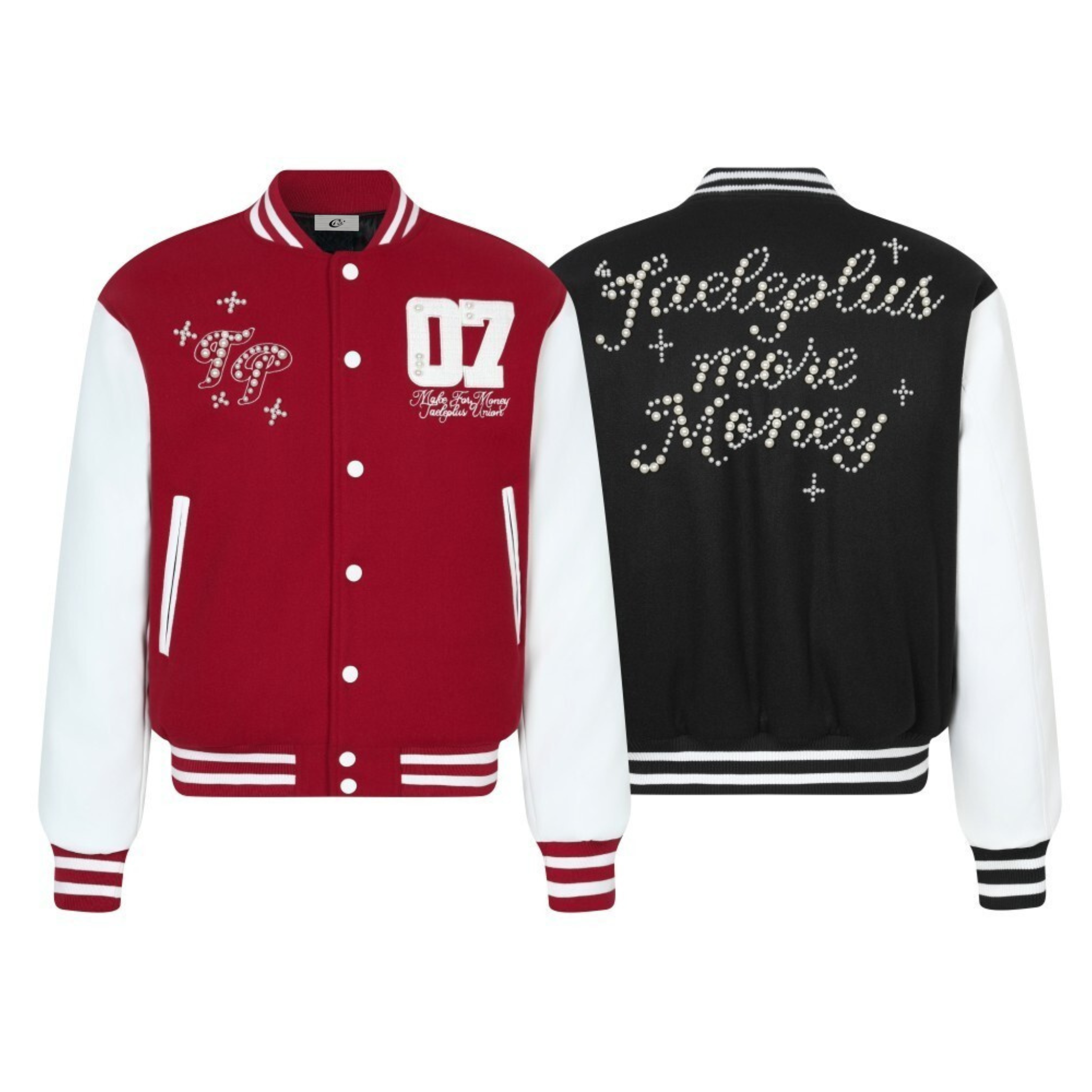 Red and black pearl-studded varsity jackets showing front and back views with Taeleplus More Money script embellishment