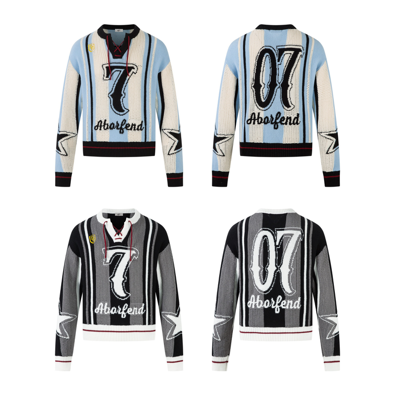 Front and back views of striped knit sweater with retro number 7 graphic in light blue and black