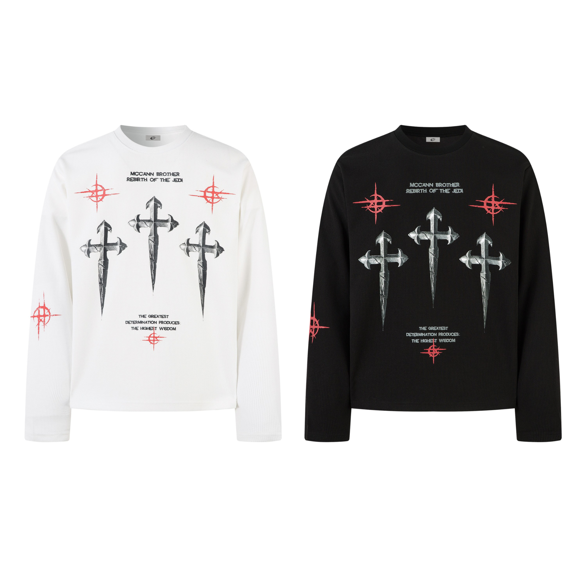White long sleeve tee with three metallic gothic cross prints and red sigil graphics on chest and sleeves