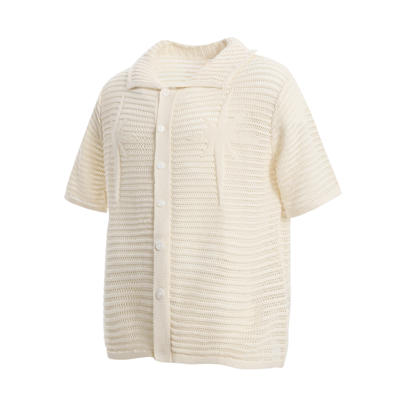 Cream open-knit short-sleeve button-up shirt with textured stripes and a relaxed collar, shown front view on white background
