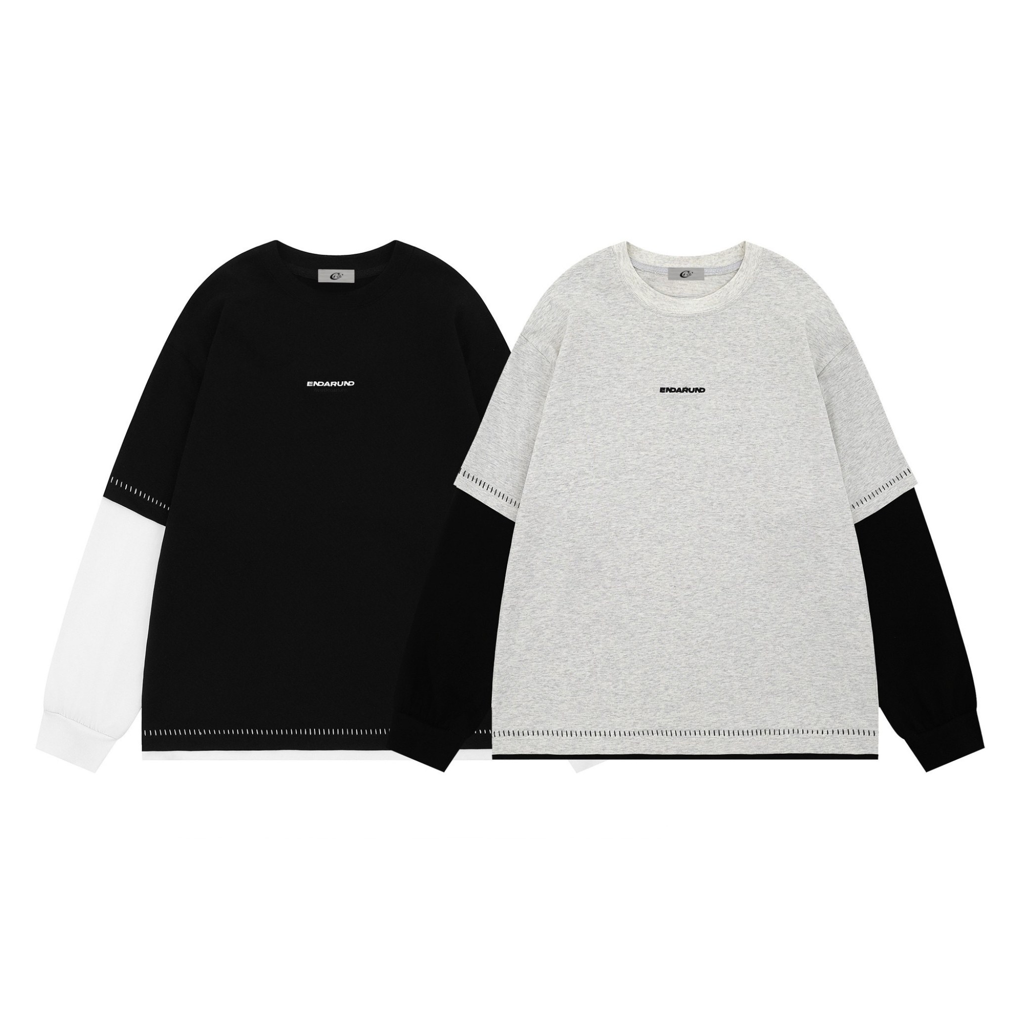 Endarund black contrast layered long-sleeve tee with white sleeves and embroidered chest logo, flat lay on white background