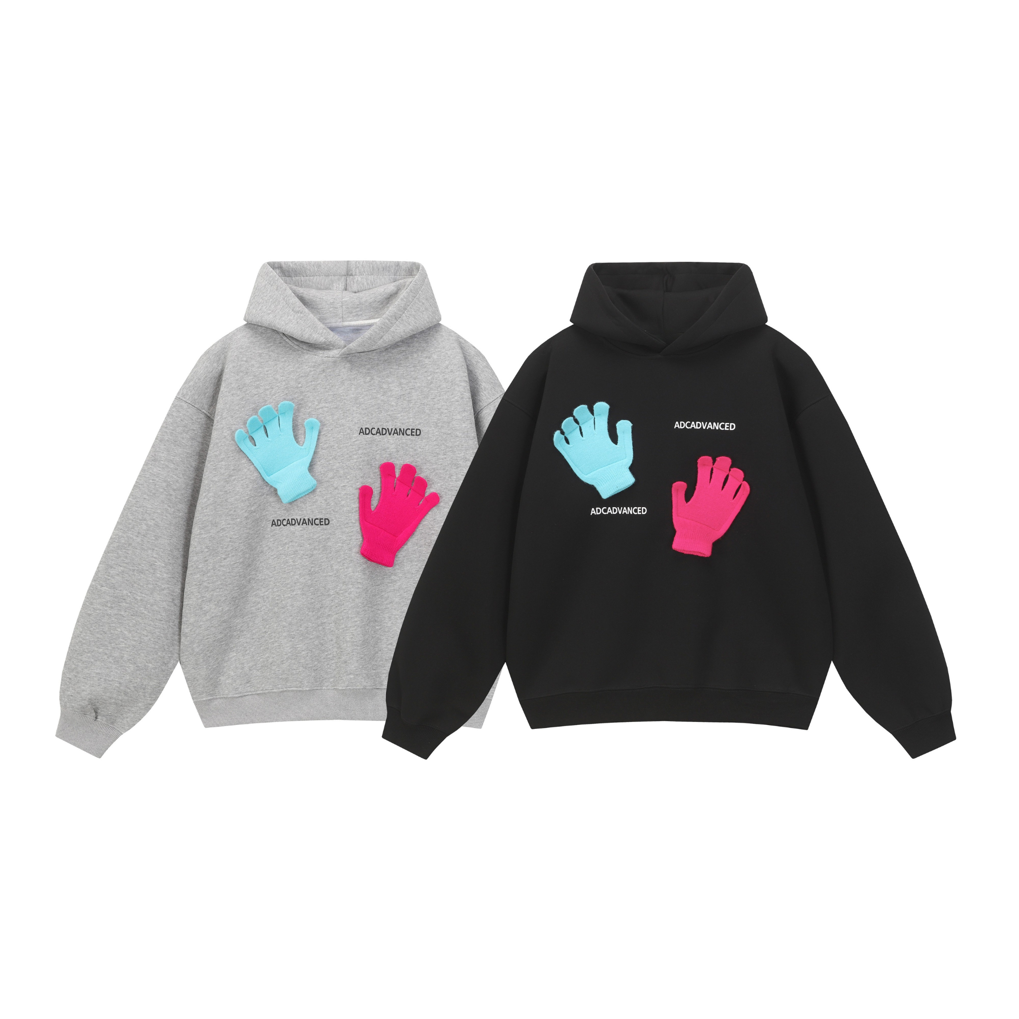 ADCADVANCED oversized hoodie in grey and black with 3D blue and pink knit glove appliqués on the chest