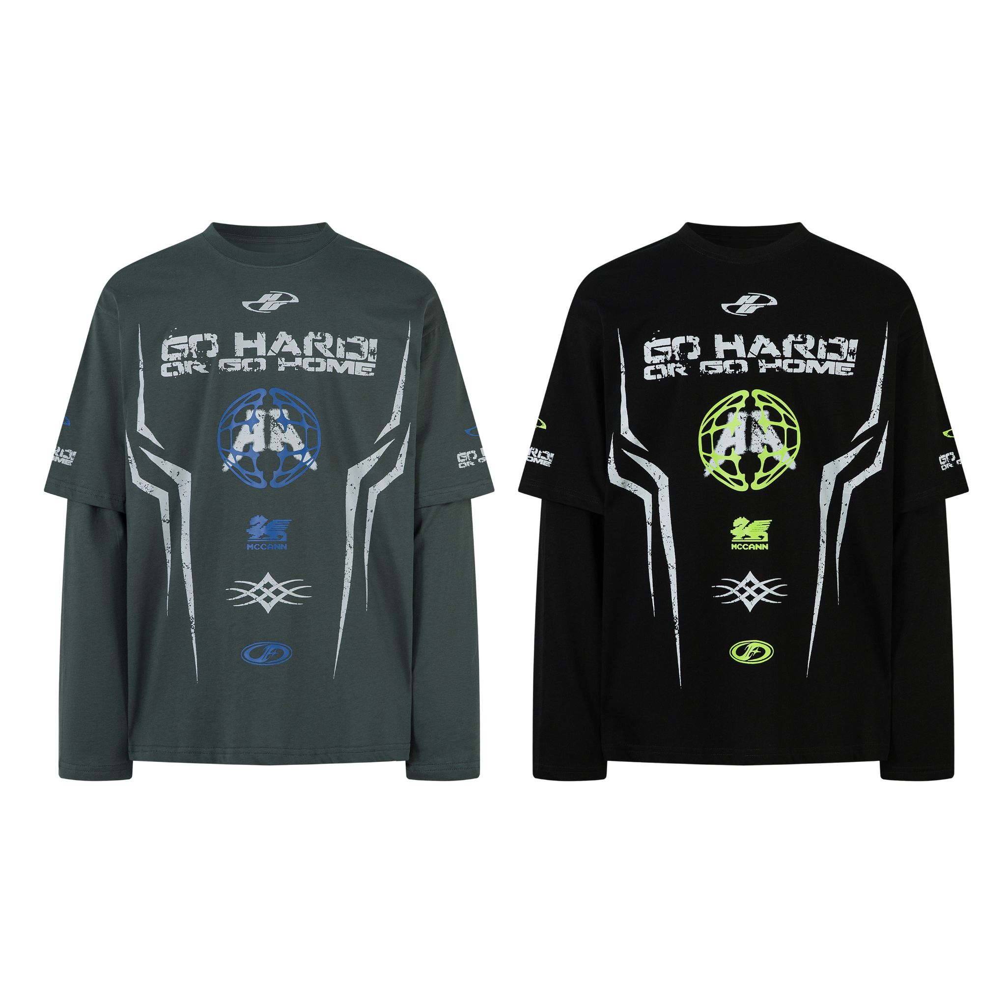 Dark green and black layered racing graphic long sleeve tees with Go Hard Or Go Home slogan and globe print