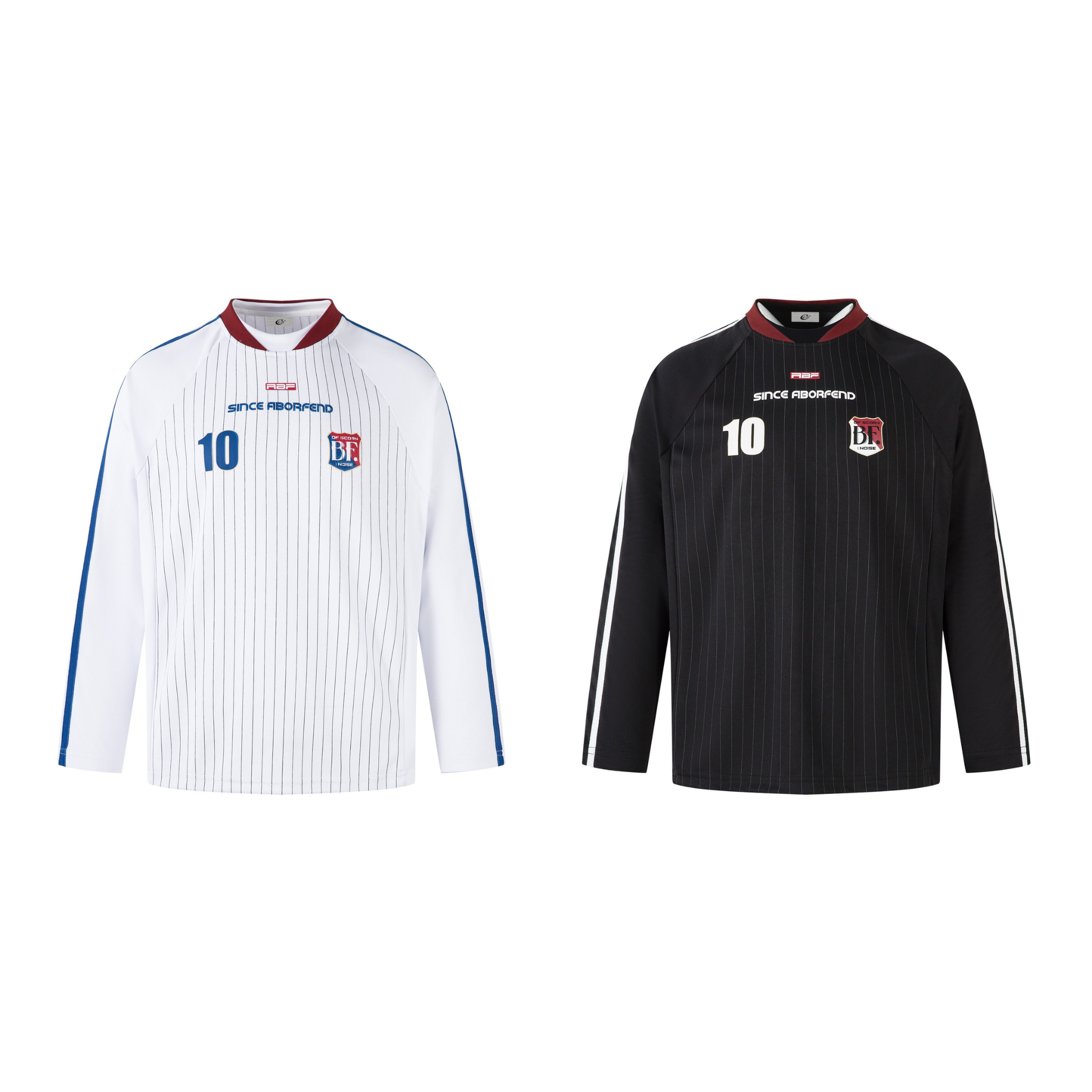 White pinstripe long-sleeve football jersey with burgundy collar, blue raglan sleeve stripes, number 10 and BF crest on chest