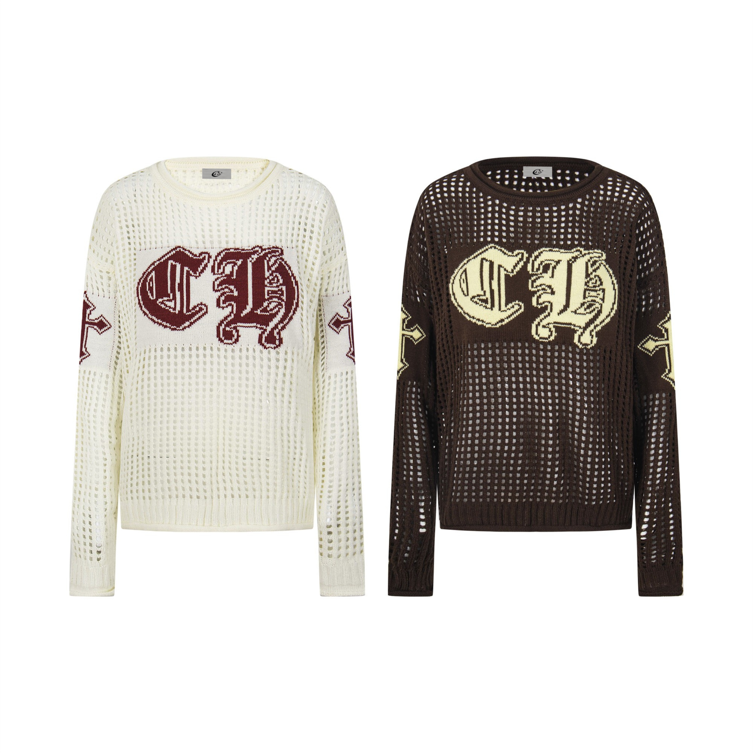 Cream open-knit crewneck sweater with burgundy Gothic CH lettering and cross sleeve motifs on white background