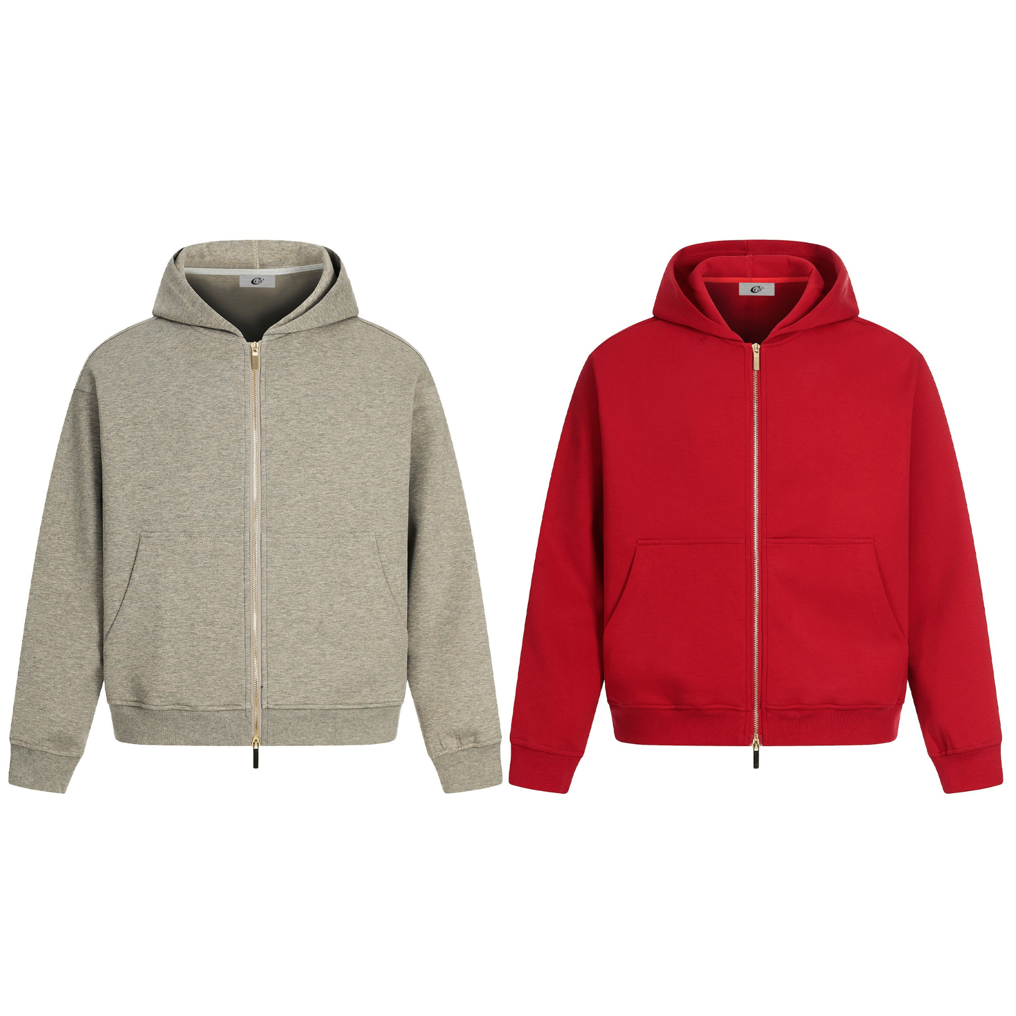 Omirad Premium Zip-Up Hoodie shown in heather grey and crimson red with gold metal zipper and double-layer hood