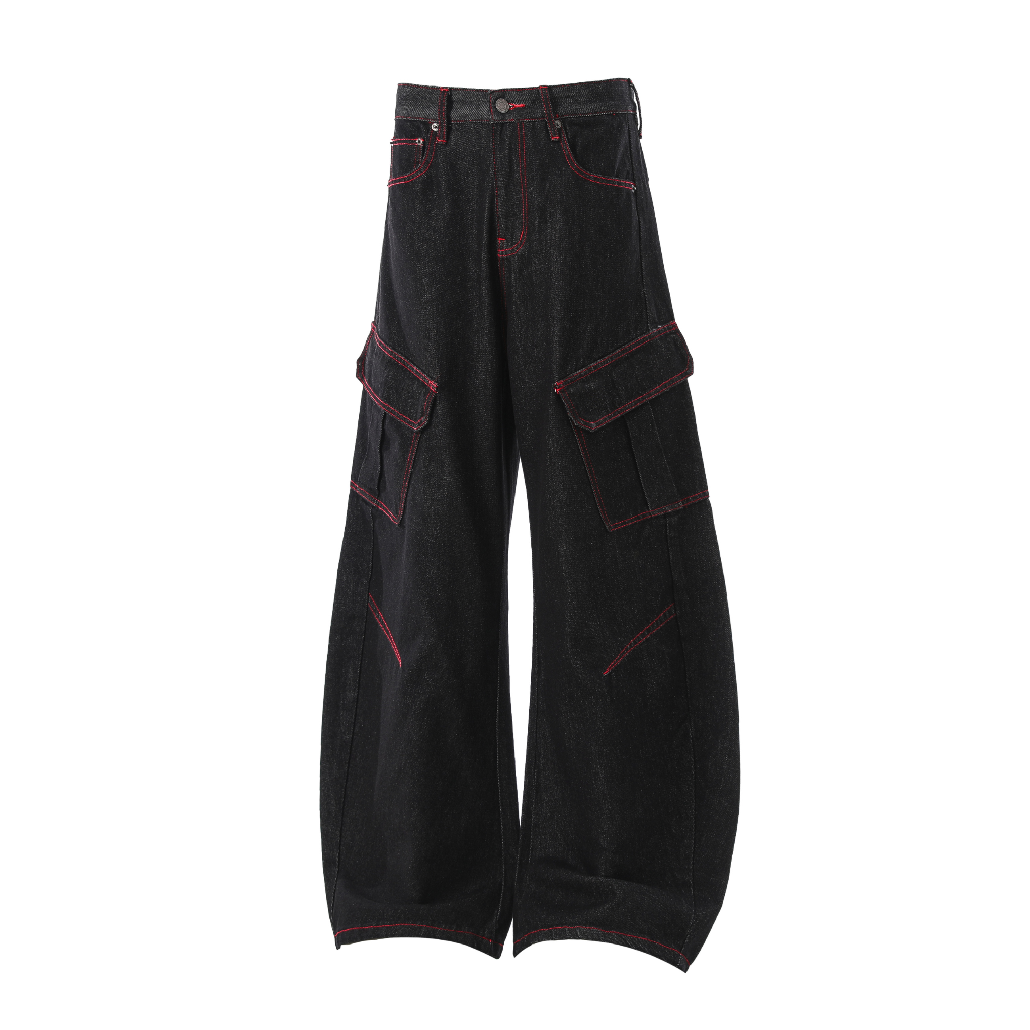 Omirad Red-Stitch Curved Cargo Denim Pants | Wide Leg