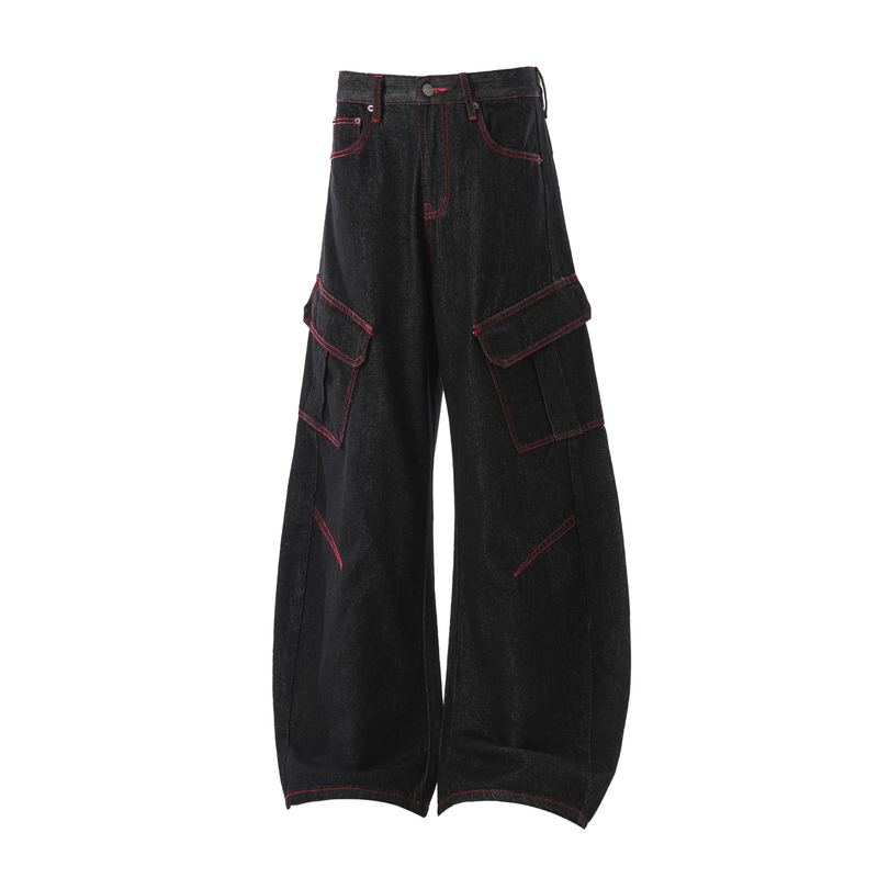 Front view of black wide-leg cargo jeans with red contrast stitching