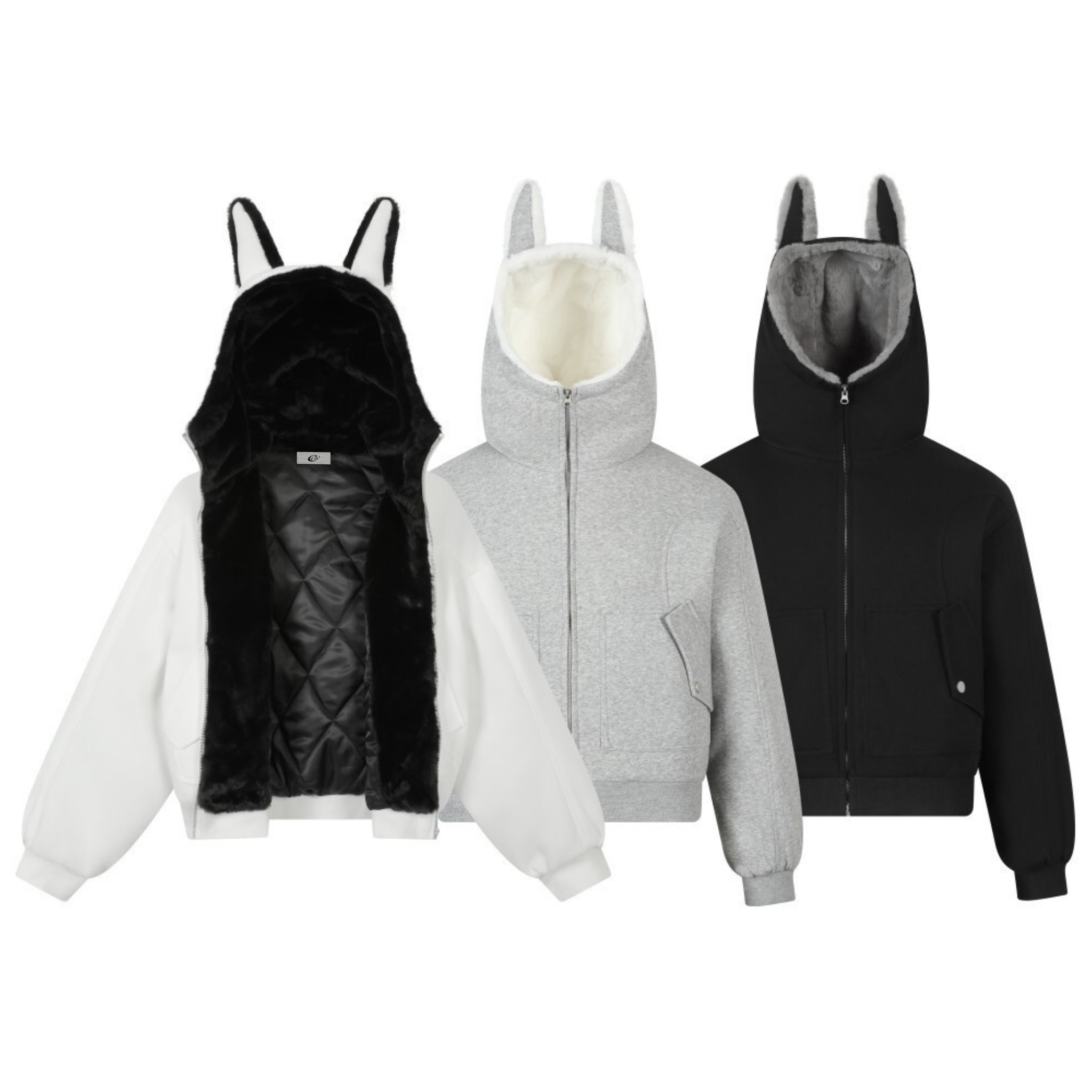Three bunny ear sherpa zip-up hoodie jackets in white, grey, and black shown front and open lining views
