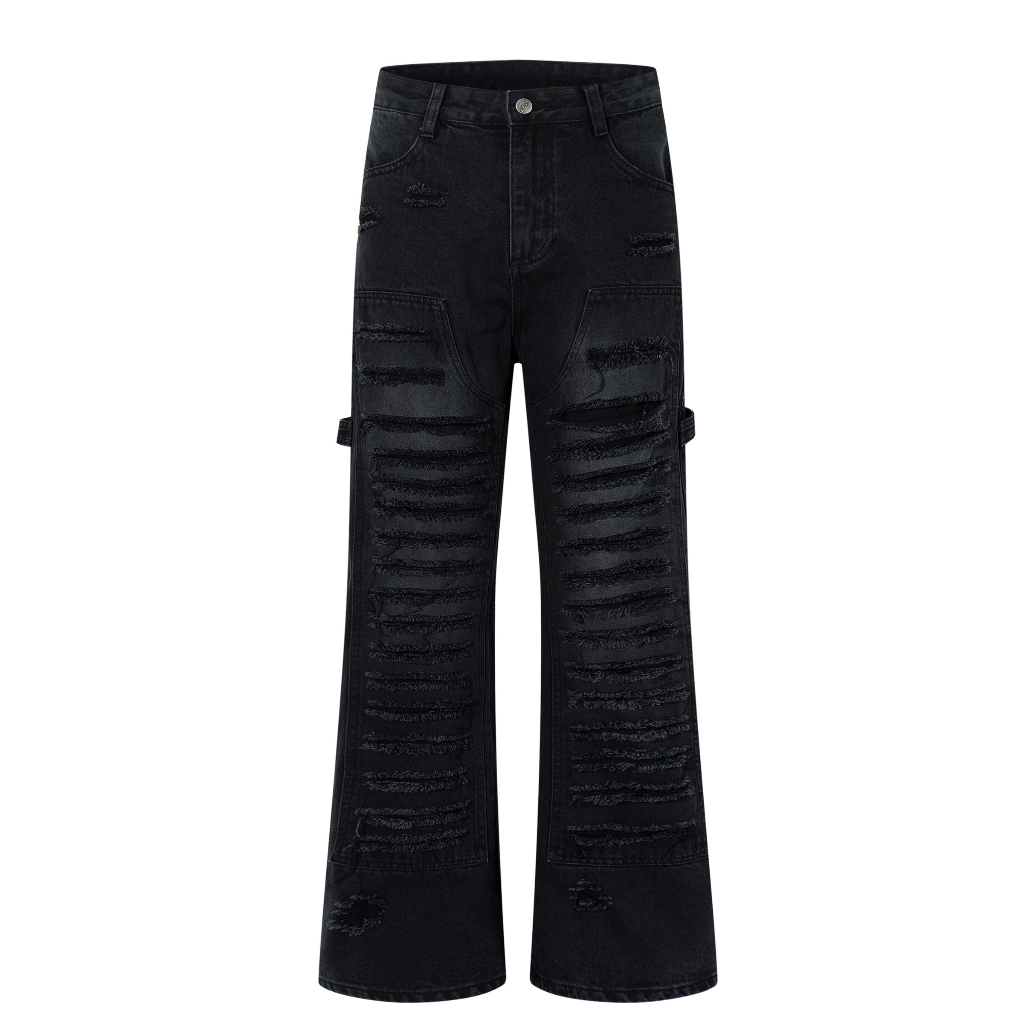 Omirad Shredded Ribbed Black Wide-Leg Cargo Jeans
