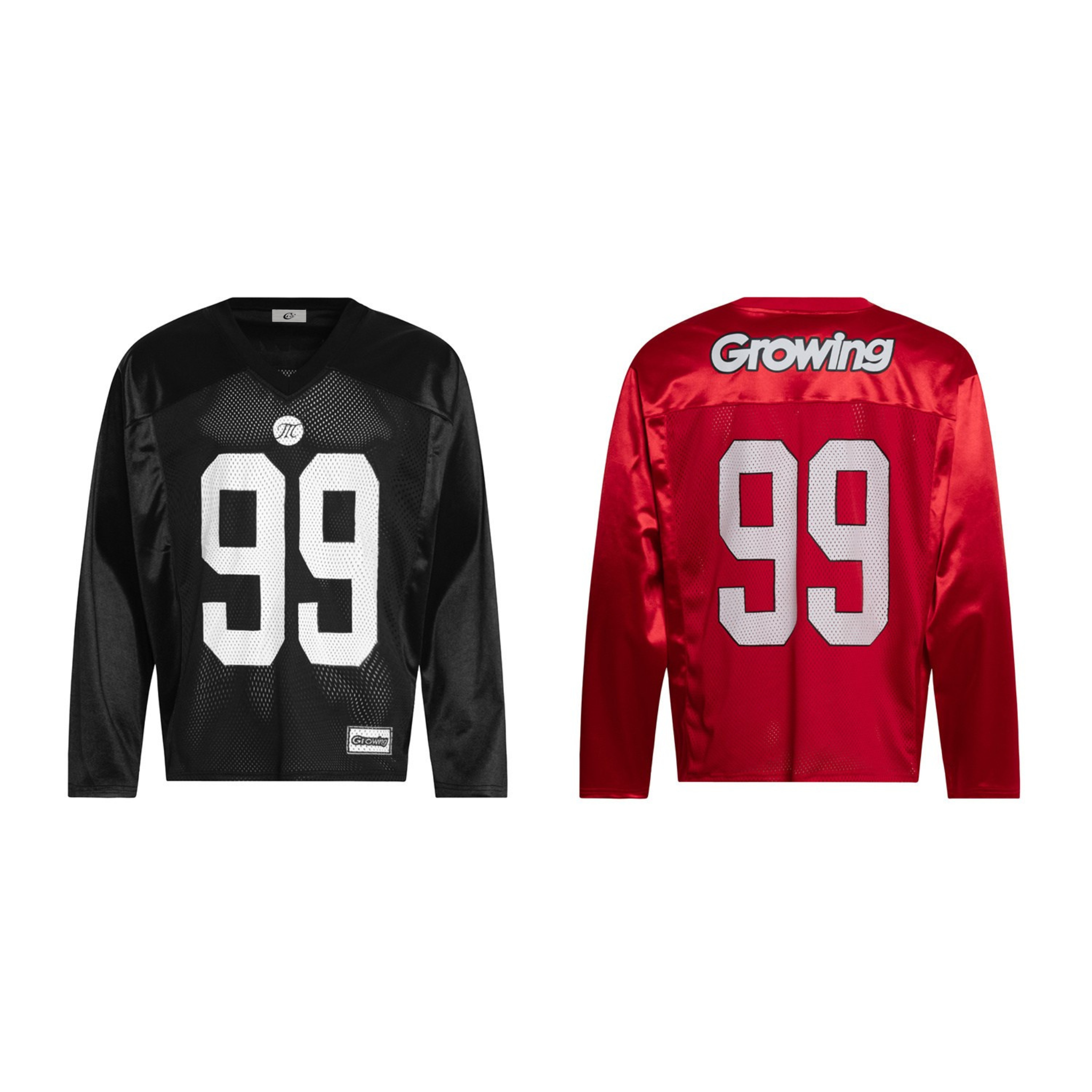 Omirad 99 black long-sleeve mesh jersey with oversized white 99 graphic and contrast satin sleeve panels, front view
