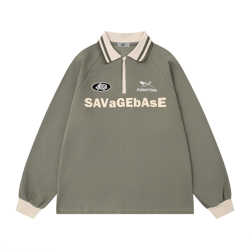 Front view of olive rugby polo sweatshirt with cream collar, zipper placket, and logo prints