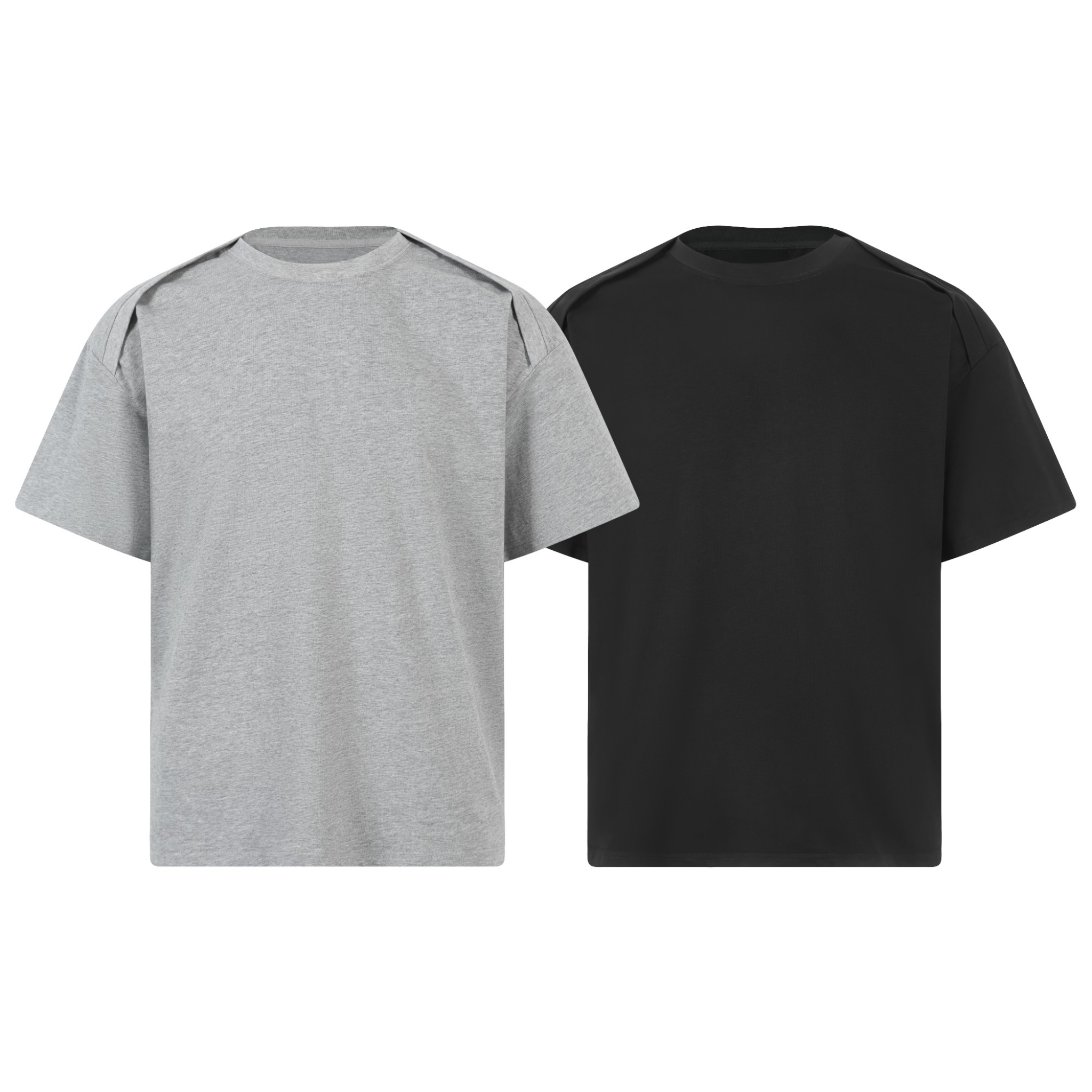 Omirad Fold-Panel structured short-sleeve t-shirts in heather grey and black displayed side by side on white background