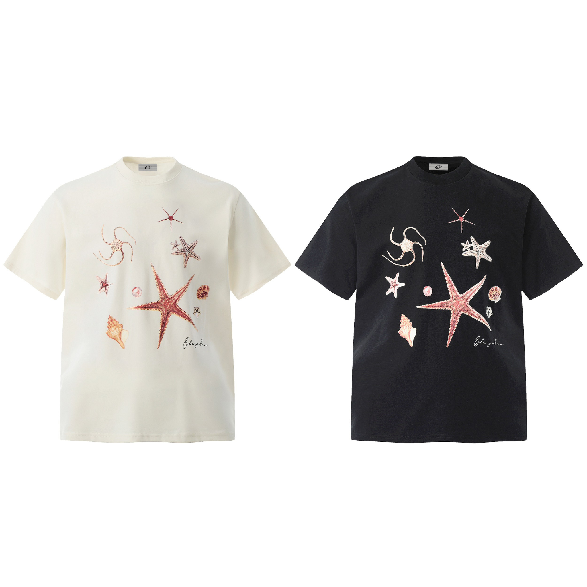 Off-white oversized t-shirt with scattered starfish, shells, and sea creature graphic print on the front